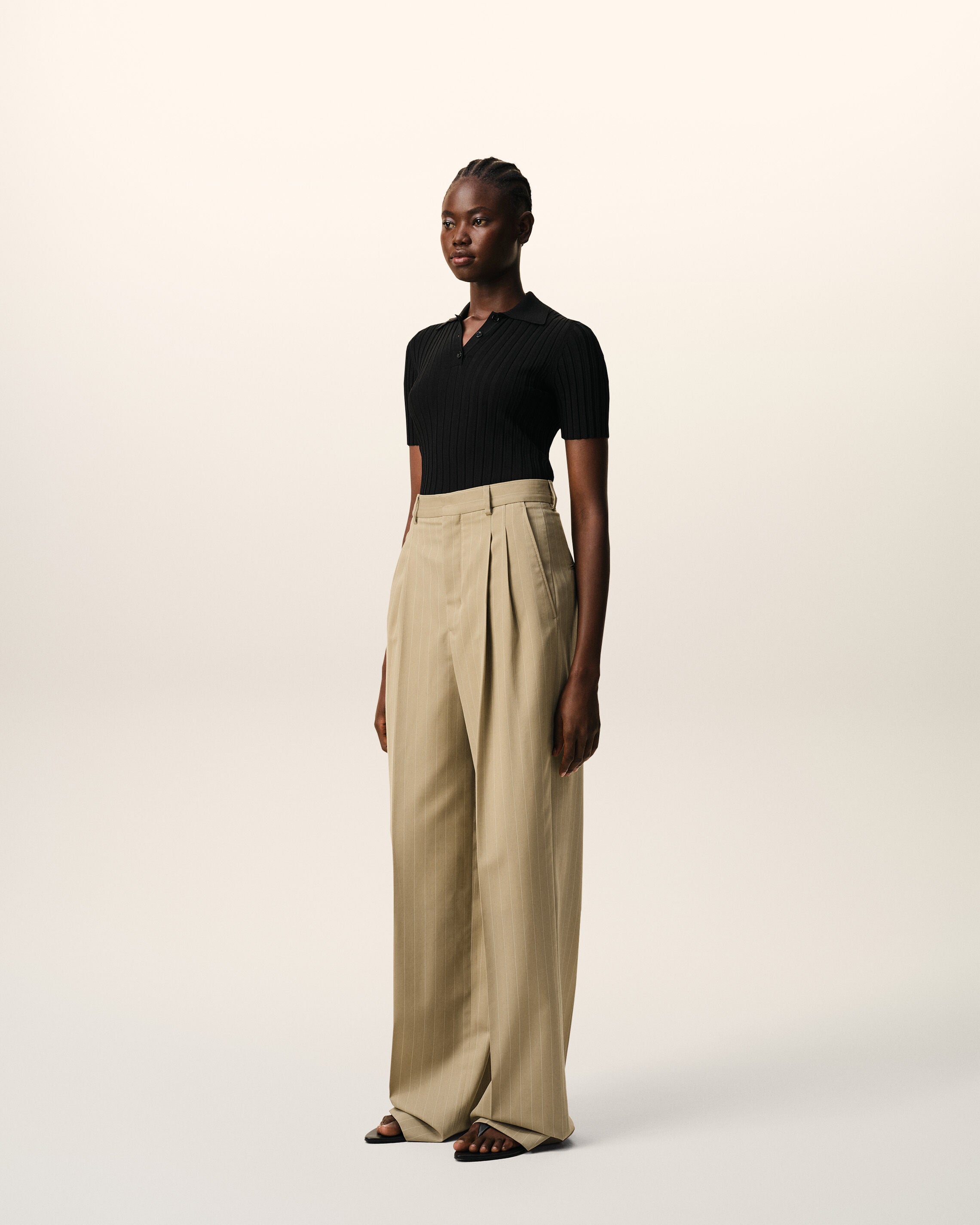 Beige New Wool High Waist Wide Trousers - 6