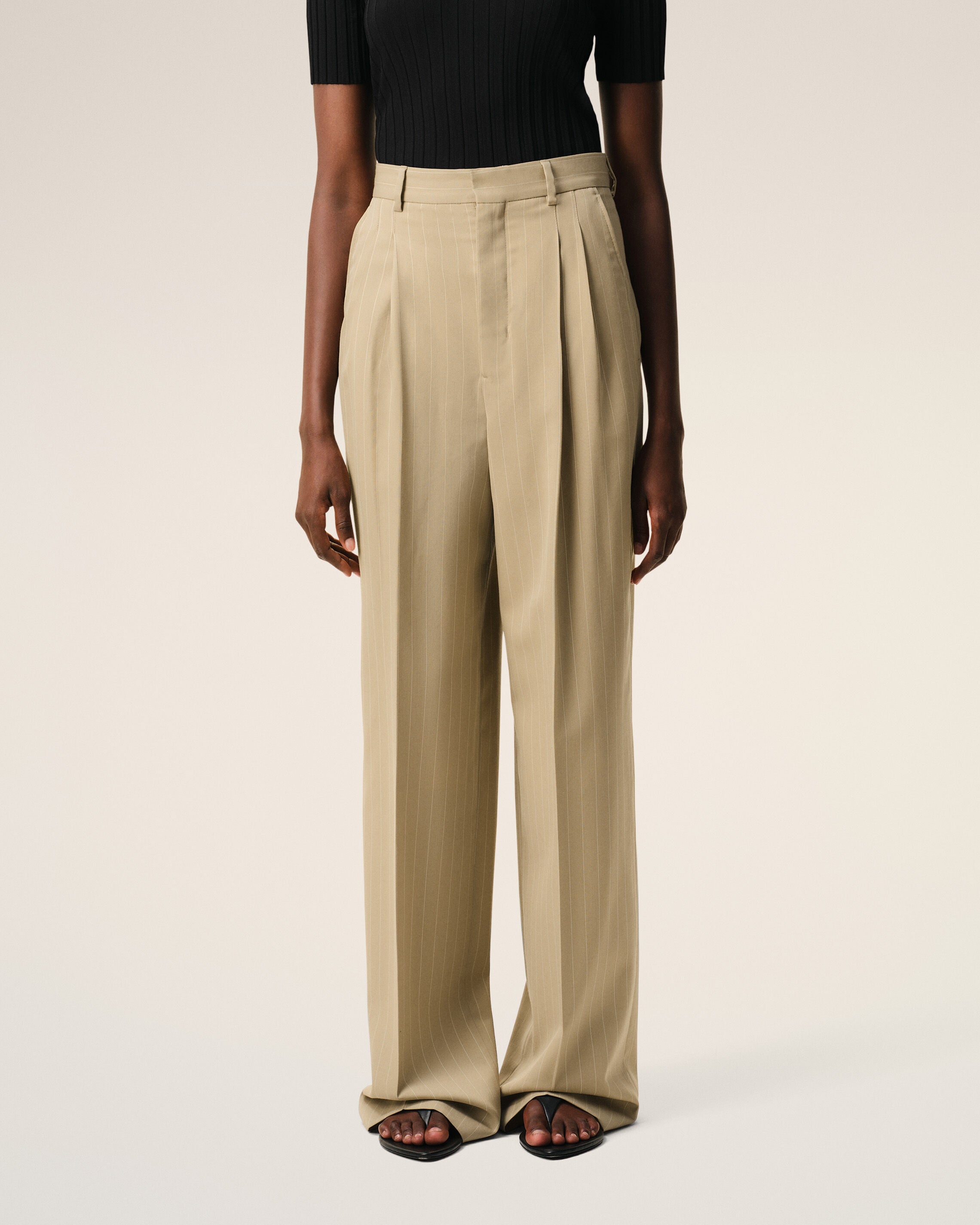 Beige New Wool High Waist Wide Trousers - 3