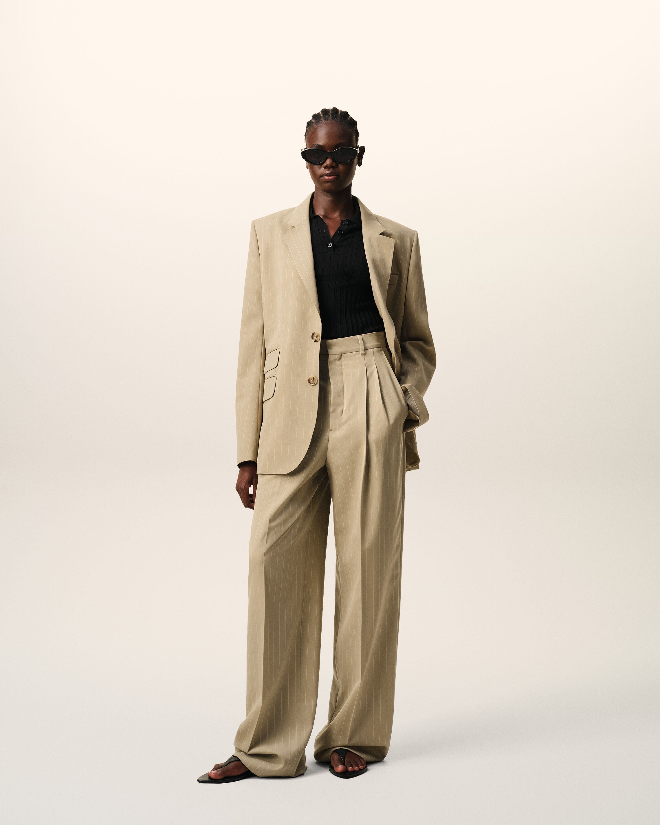 Beige New Wool High Waist Wide Trousers - 2