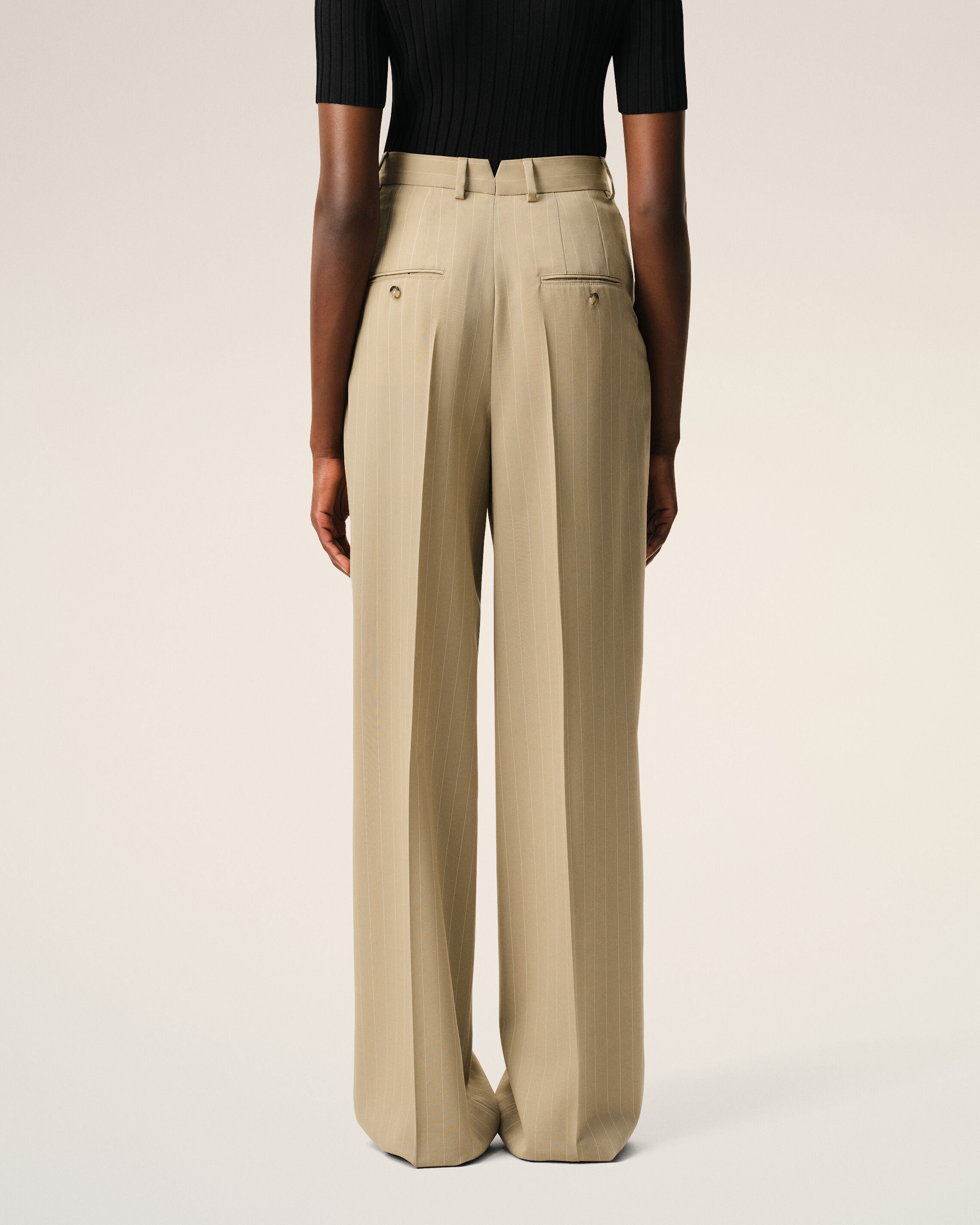 Beige New Wool High Waist Wide Trousers - 4