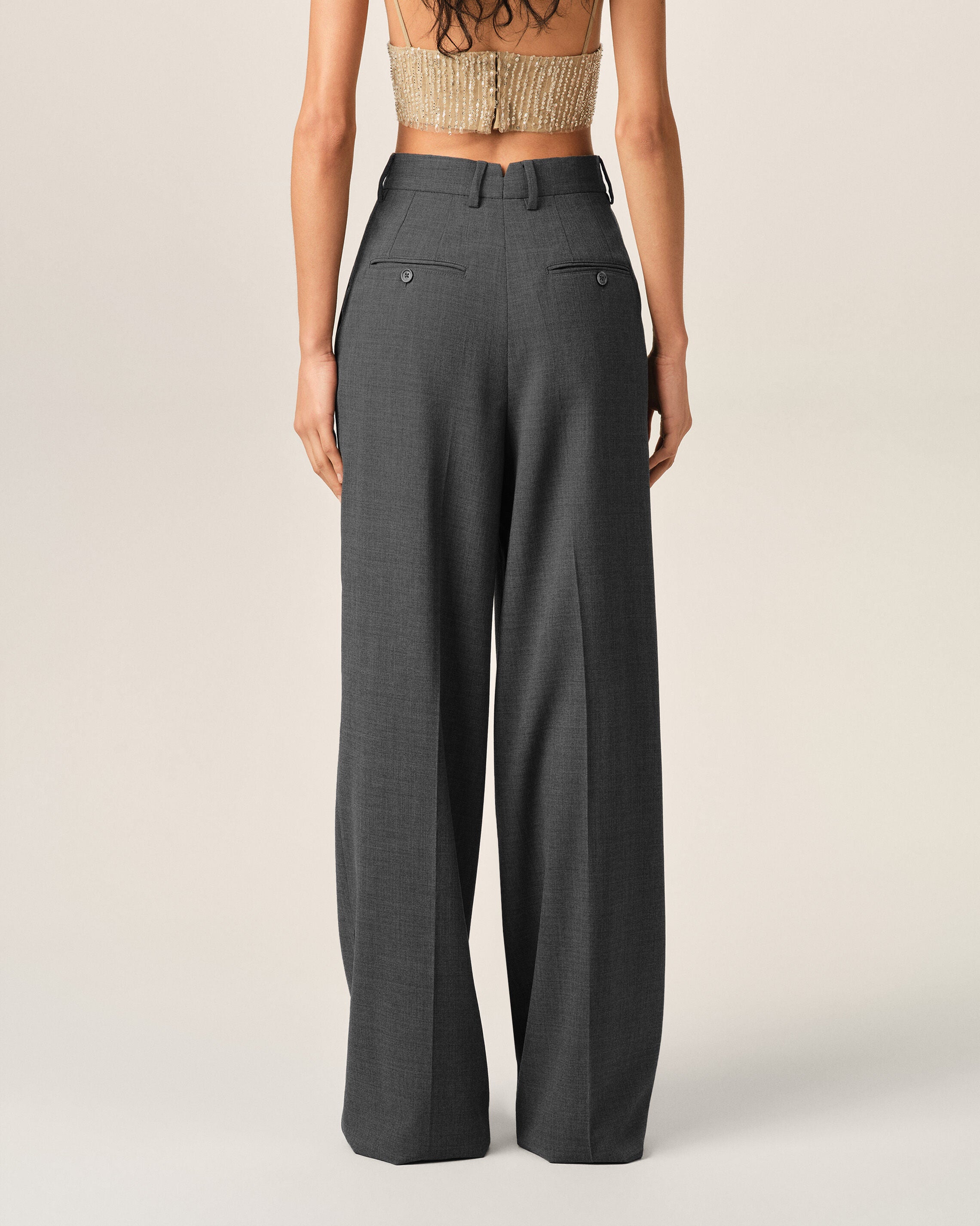 Grey high-waisted wide-leg wool trousers - 4