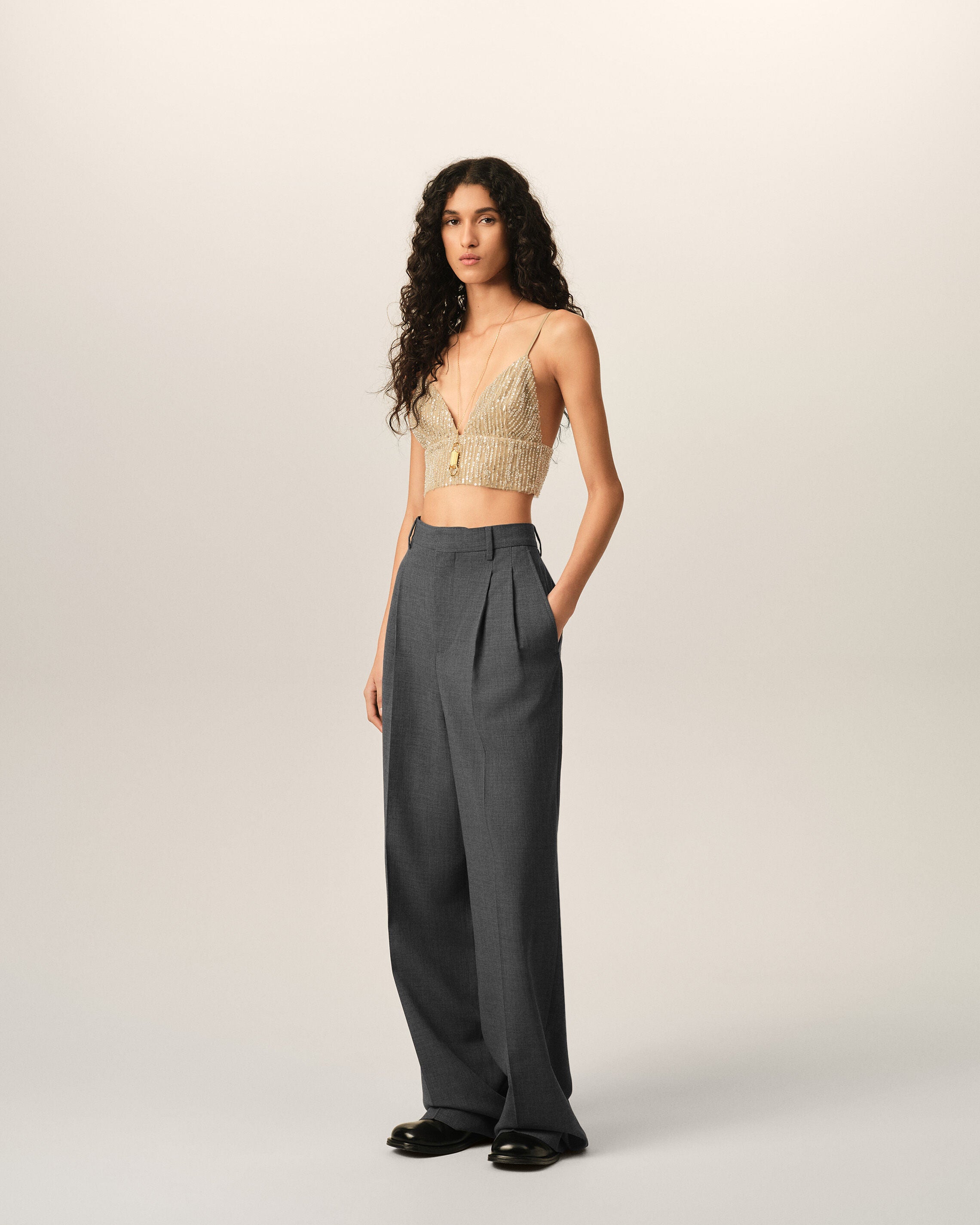 Grey high-waisted wide-leg wool trousers - 6