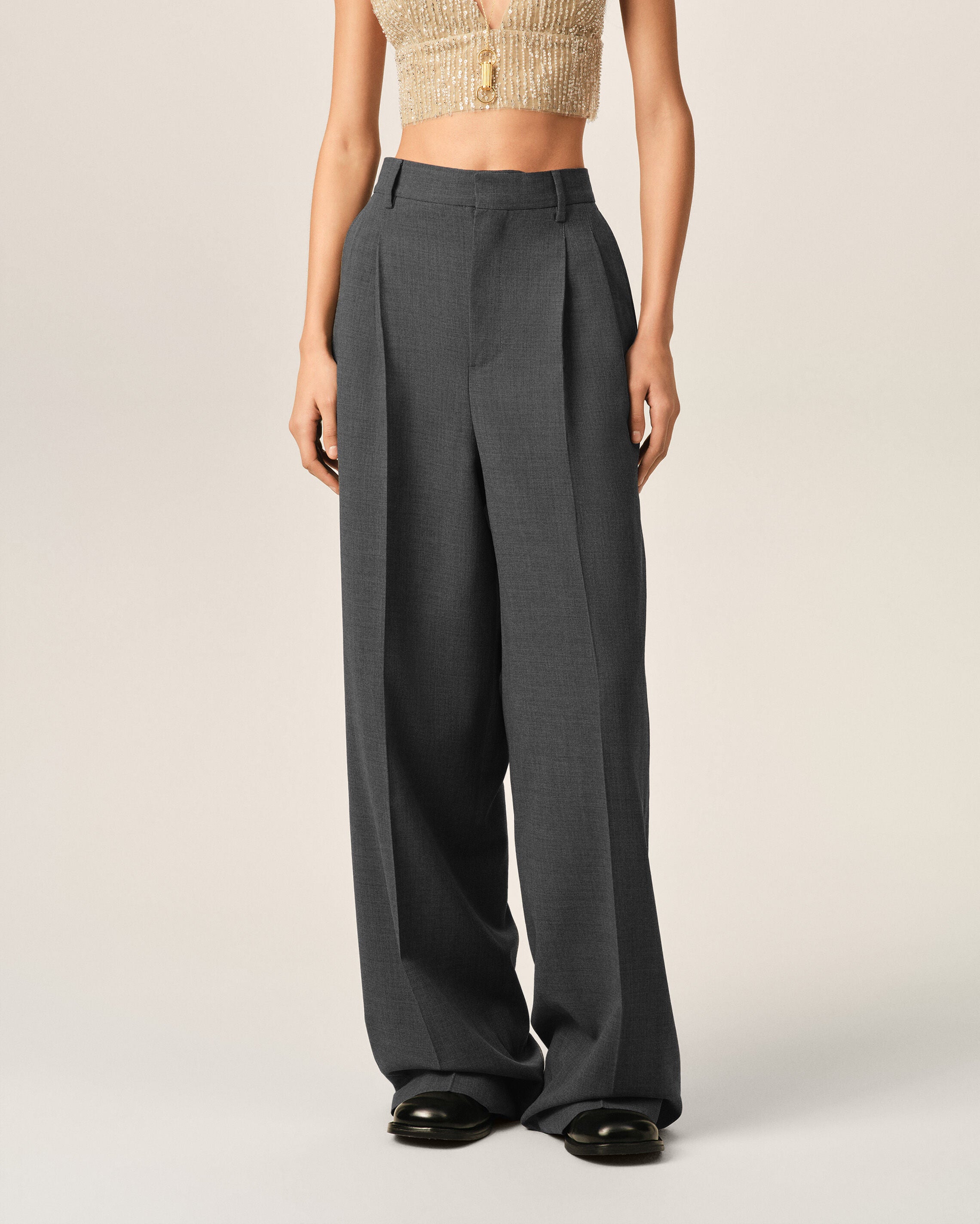 Grey high-waisted wide-leg wool trousers - 3