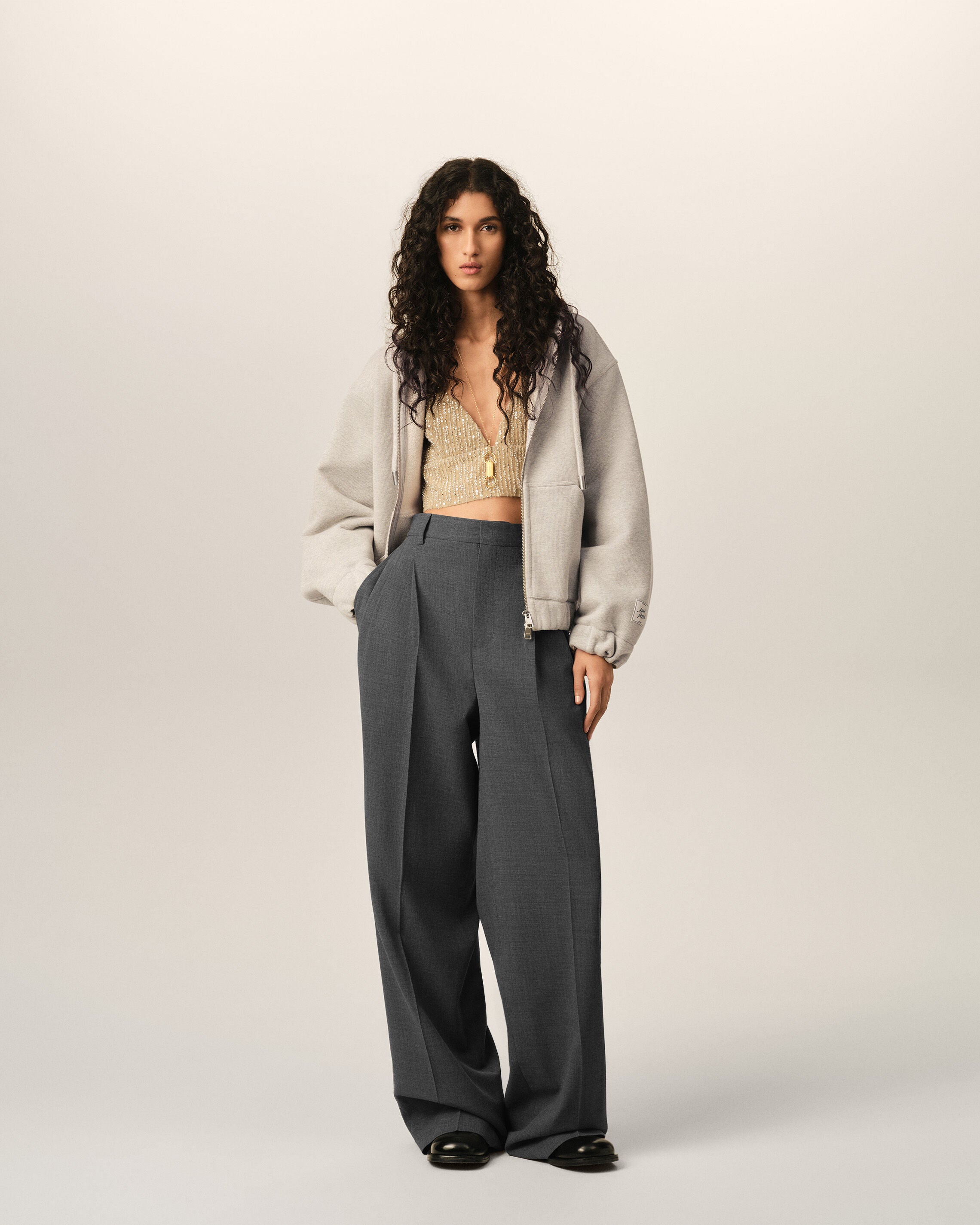 Grey high-waisted wide-leg wool trousers - 2