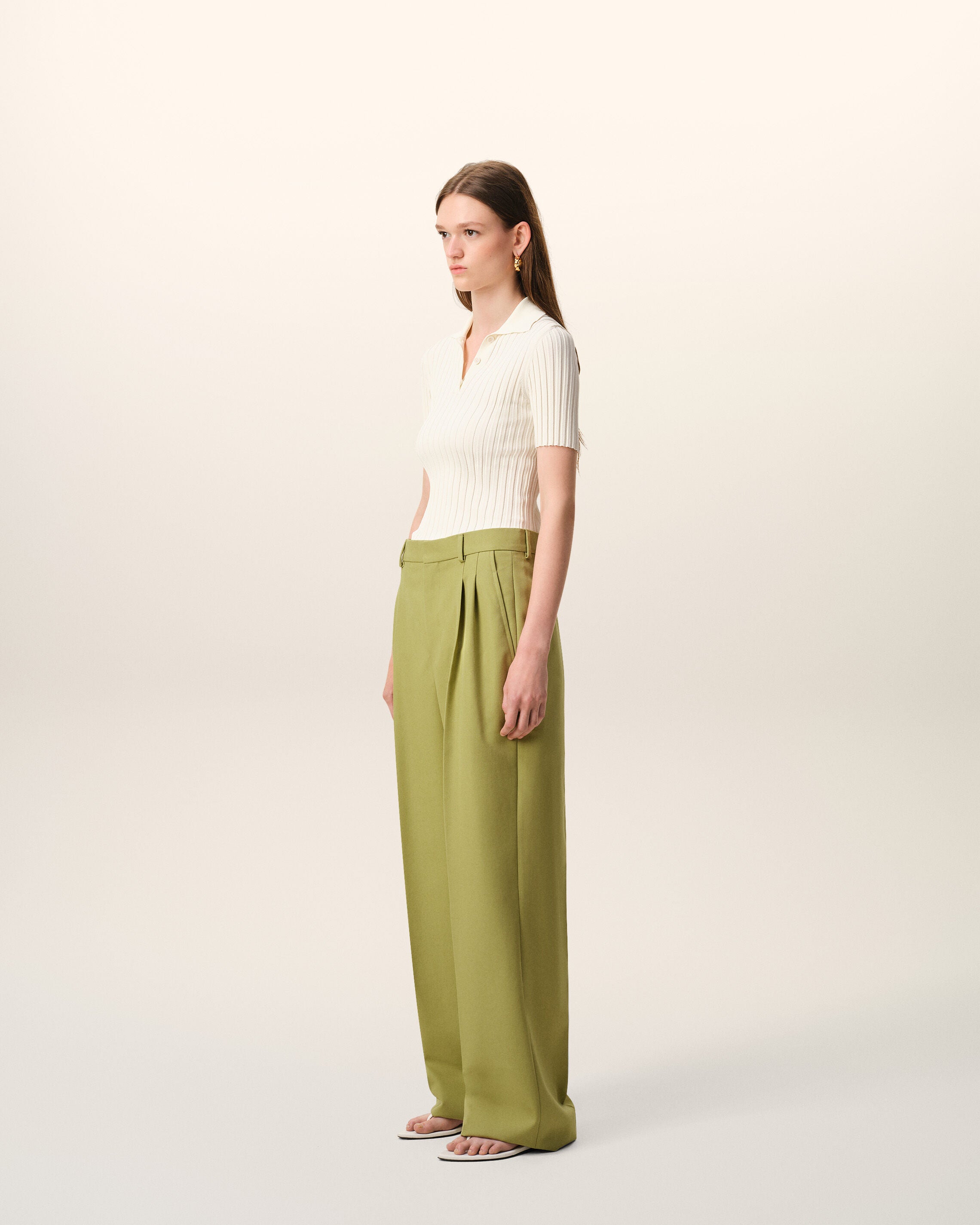 Green New Wool Low Waist Wide Trousers - 6