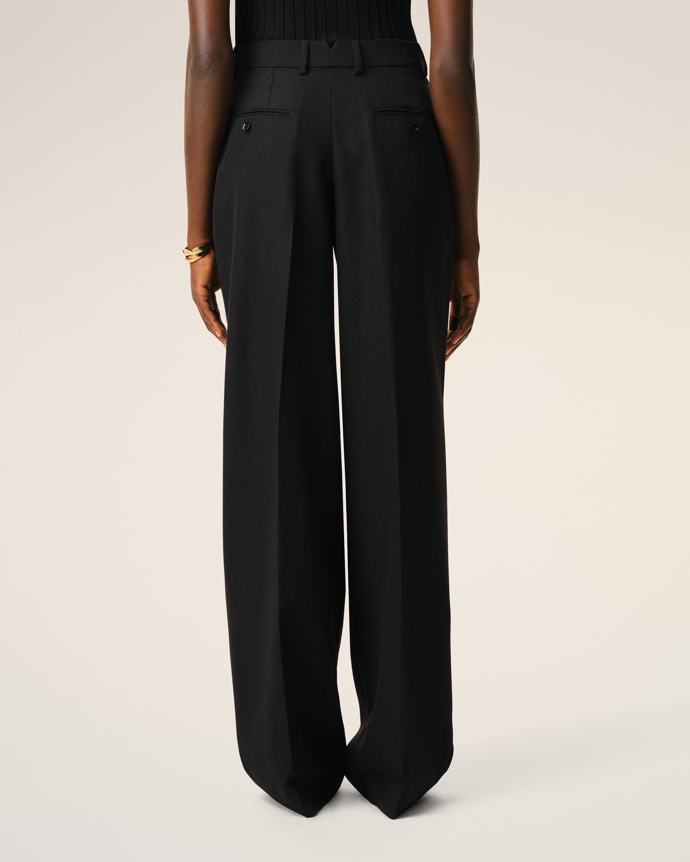 Pantalon Large Noir Taille Basse en Laine Vierge - 4