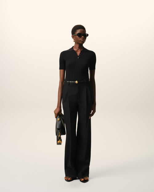 Pantalon Large Noir Taille Basse en Laine Vierge - 1 - Ami Paris