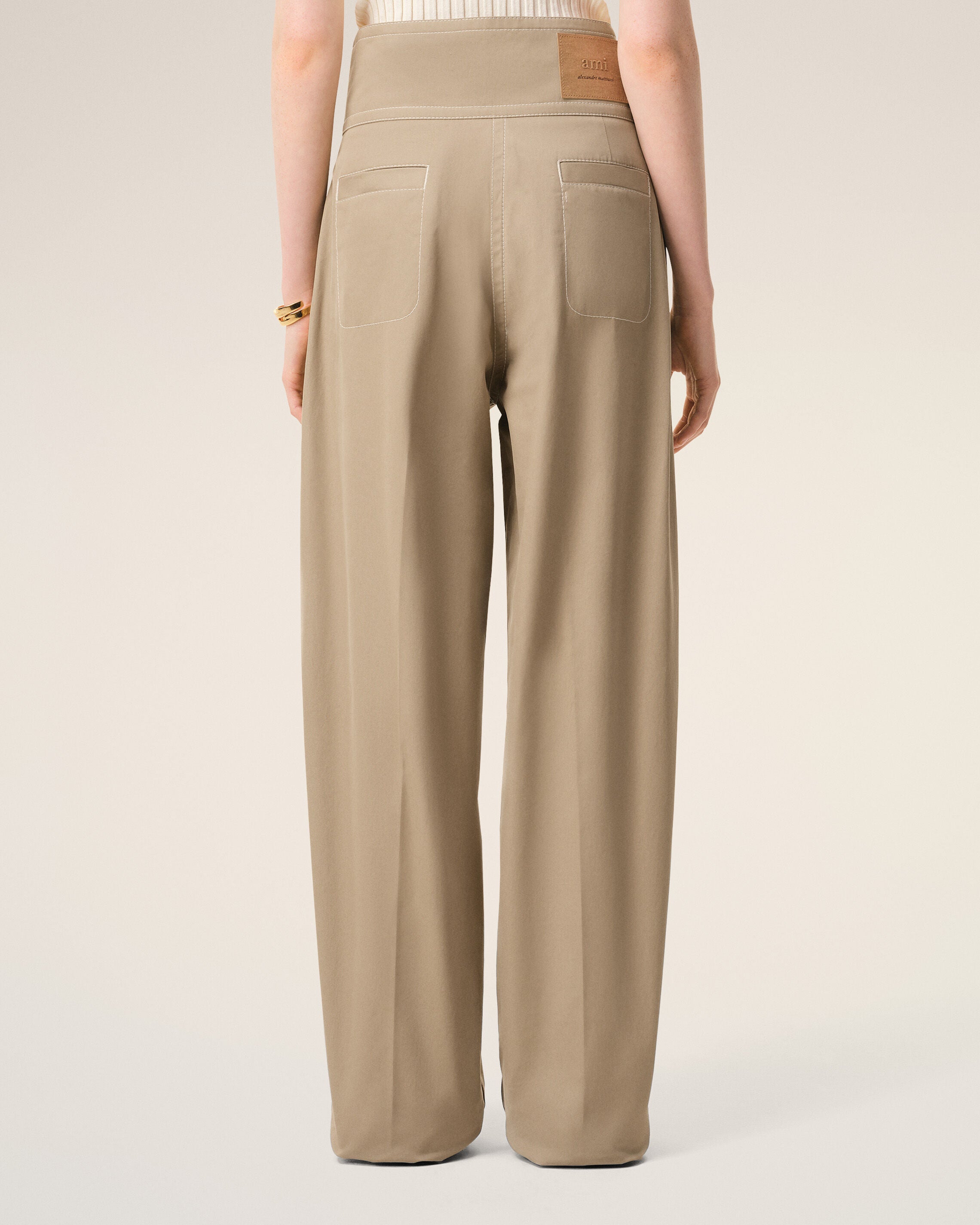 Pantaloni in cotone beige con cintura avvolgente - 4