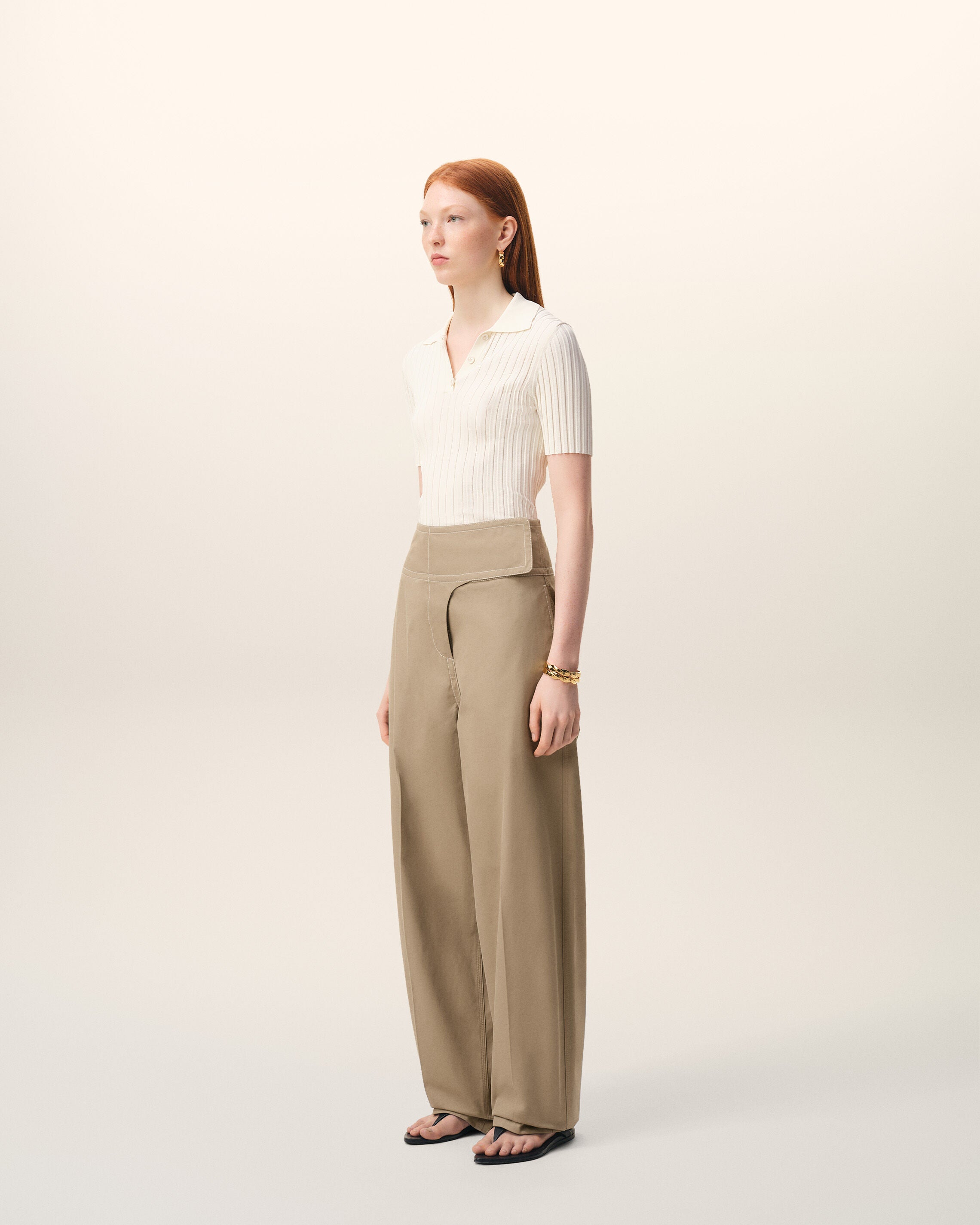 Pantaloni in cotone beige con cintura avvolgente - 6