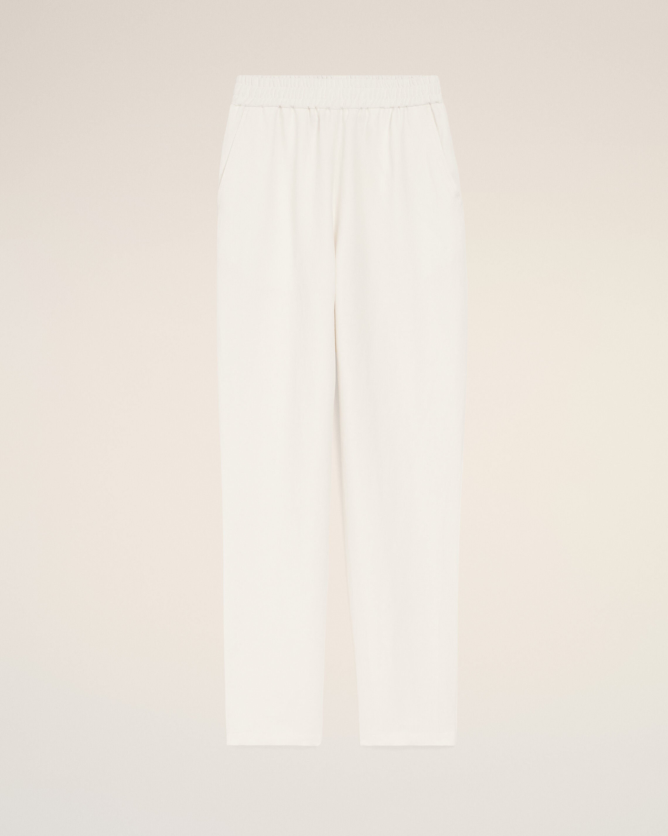 White Blended Linen Elasticated Waist Trousers - 1
