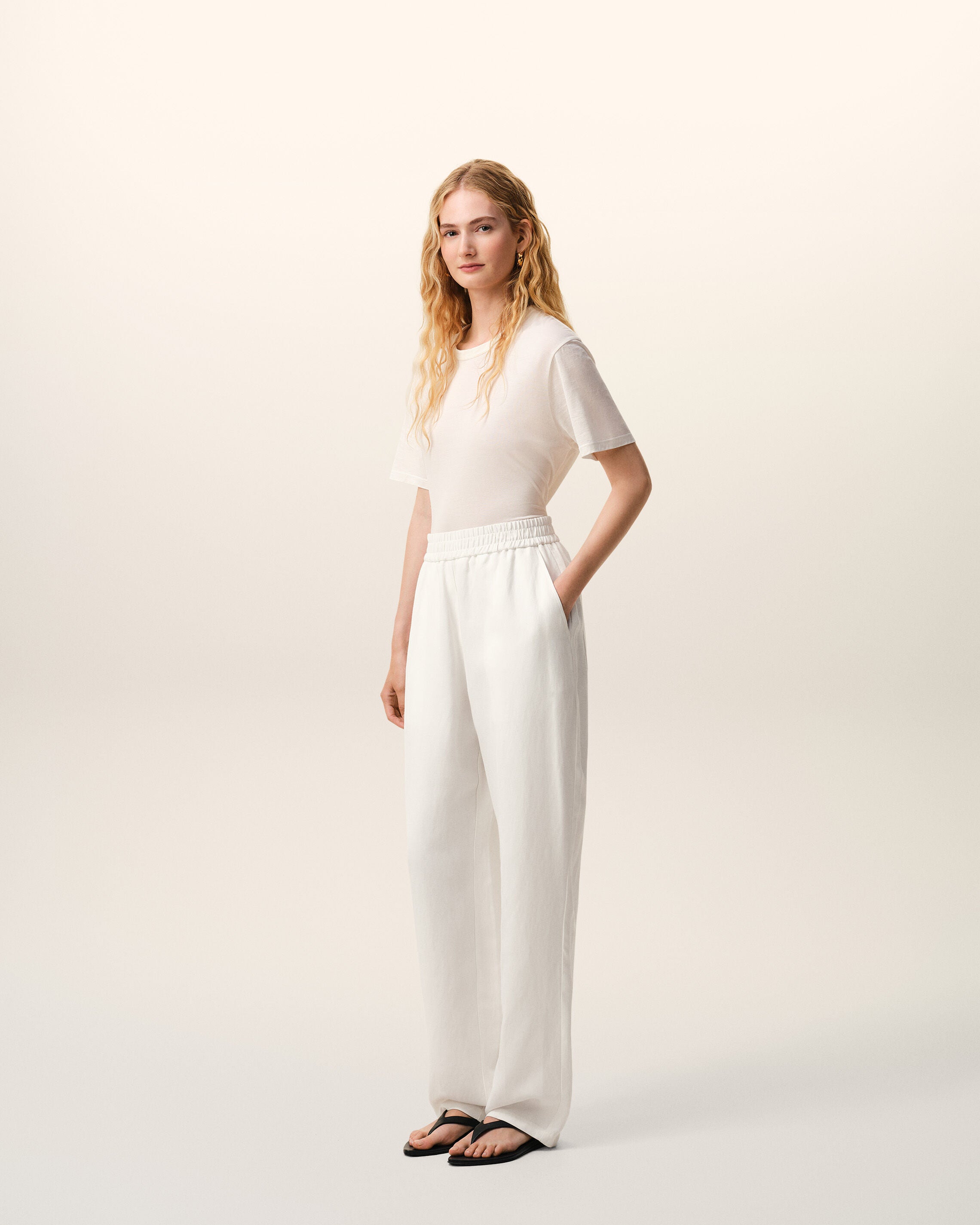 White Blended Linen Elasticated Waist Trousers - 6
