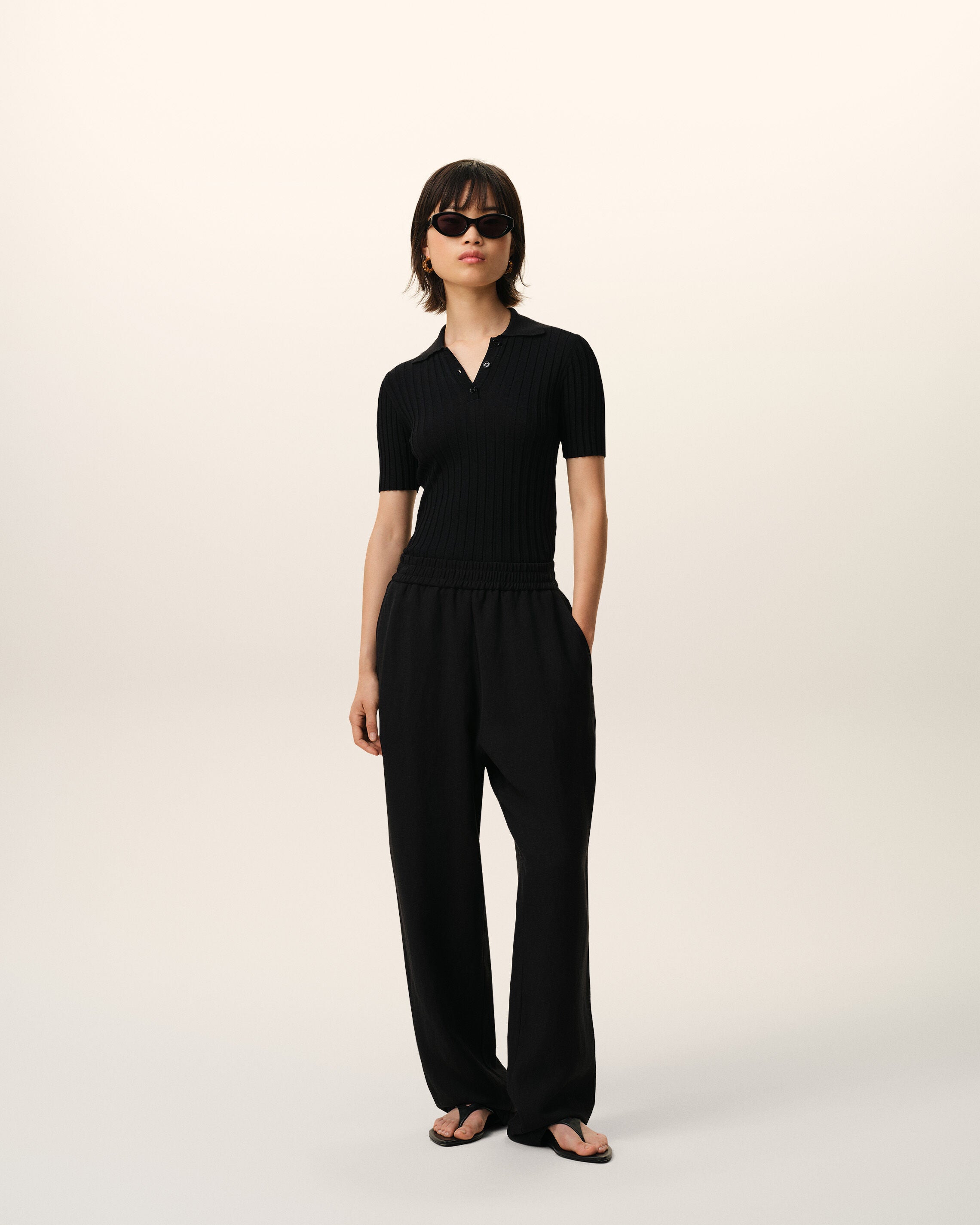 Pantaloni con vita elasticizzata in misto lino nero - 2