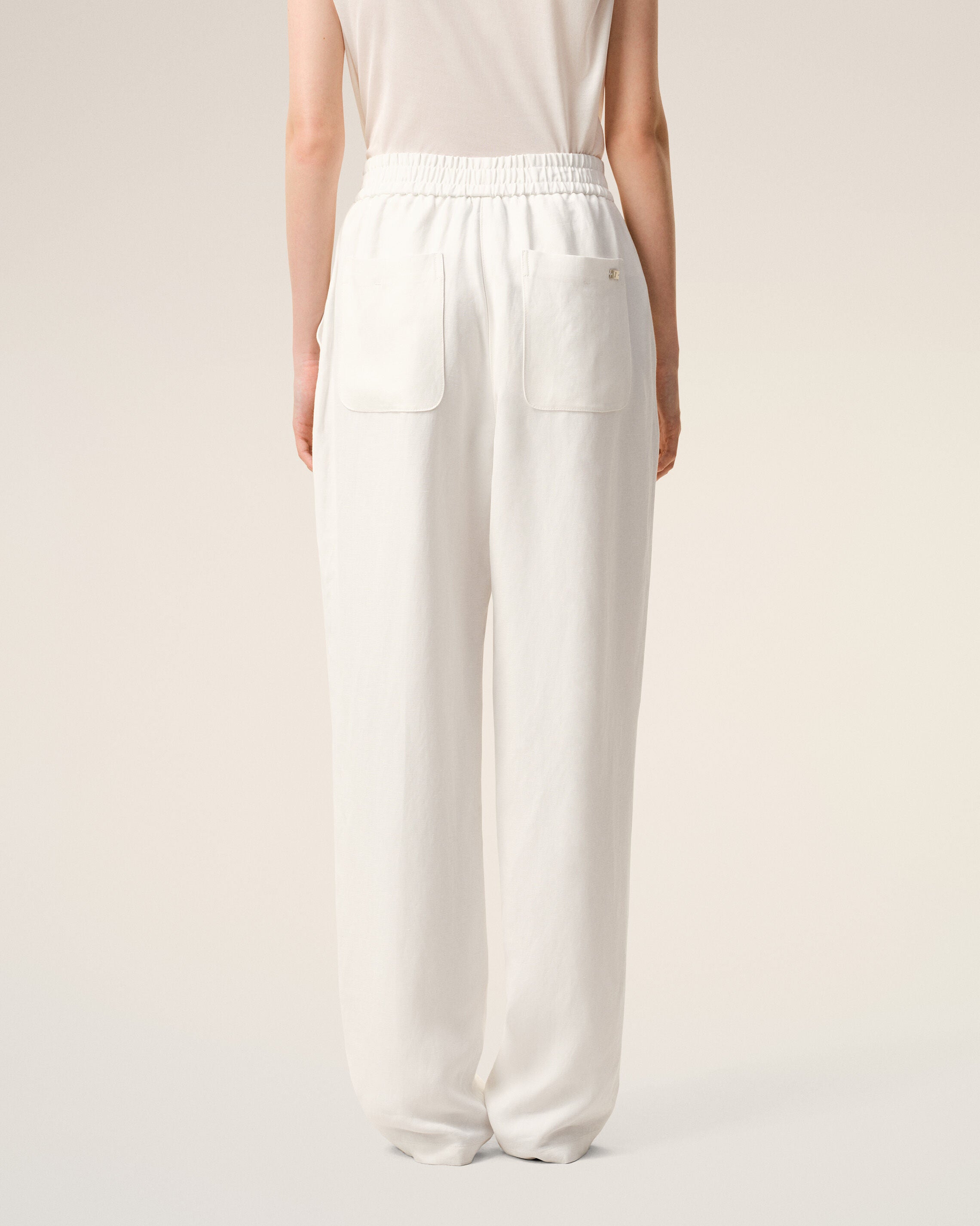 White Blended Linen Elasticated Waist Trousers - 4