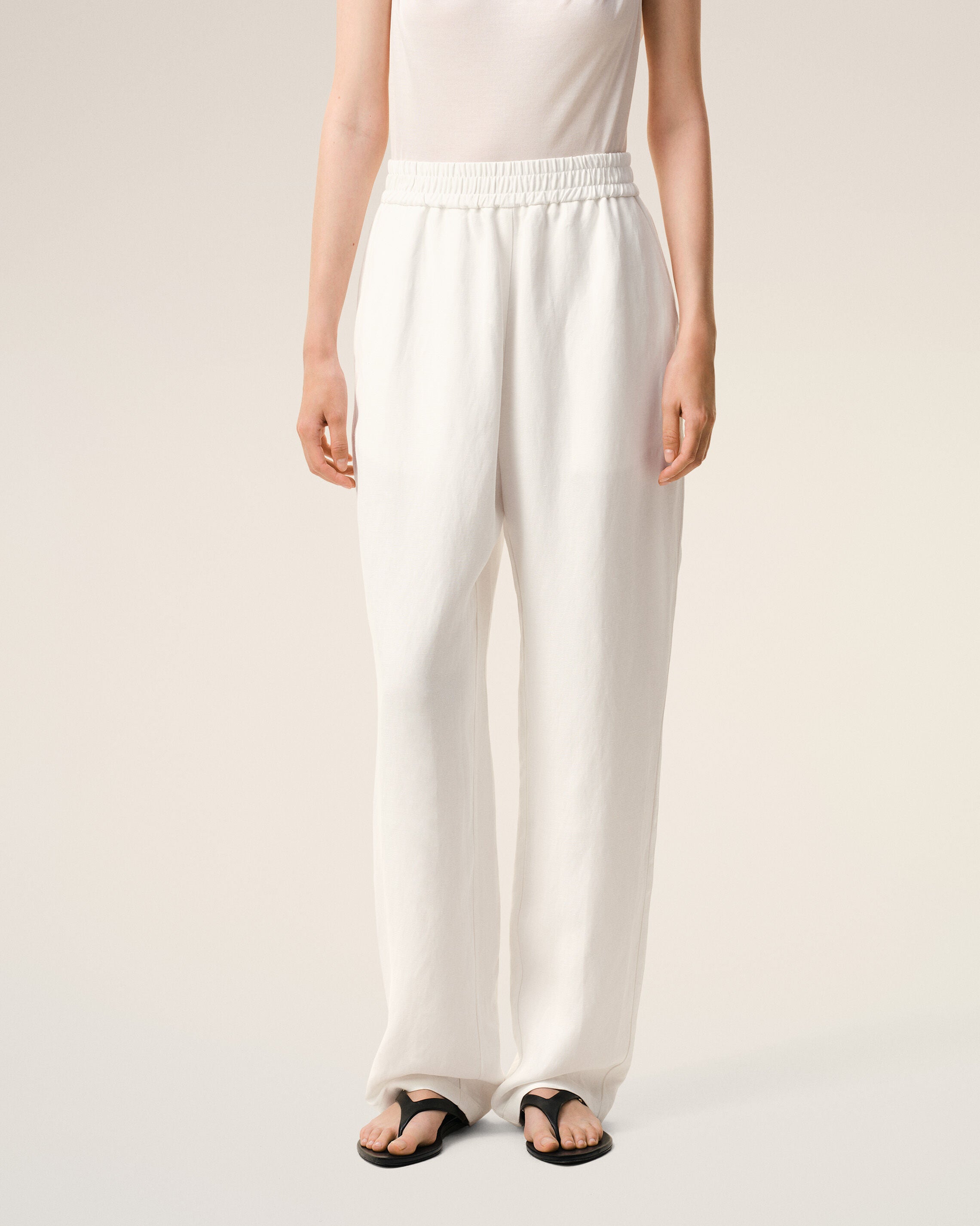 White Blended Linen Elasticated Waist Trousers - 3