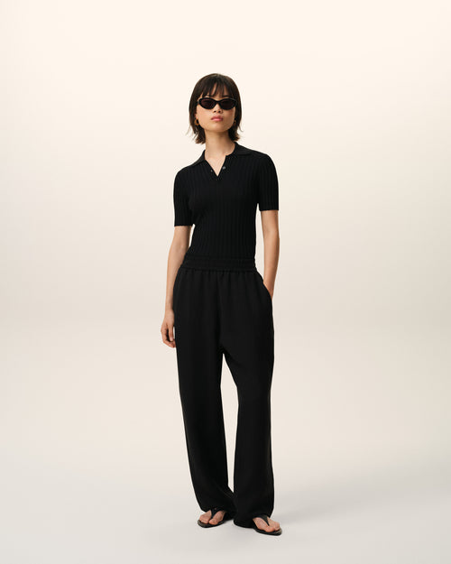                                     Black Blended Linen Elasticated Waist Trousers - 3                                 - Ami Paris