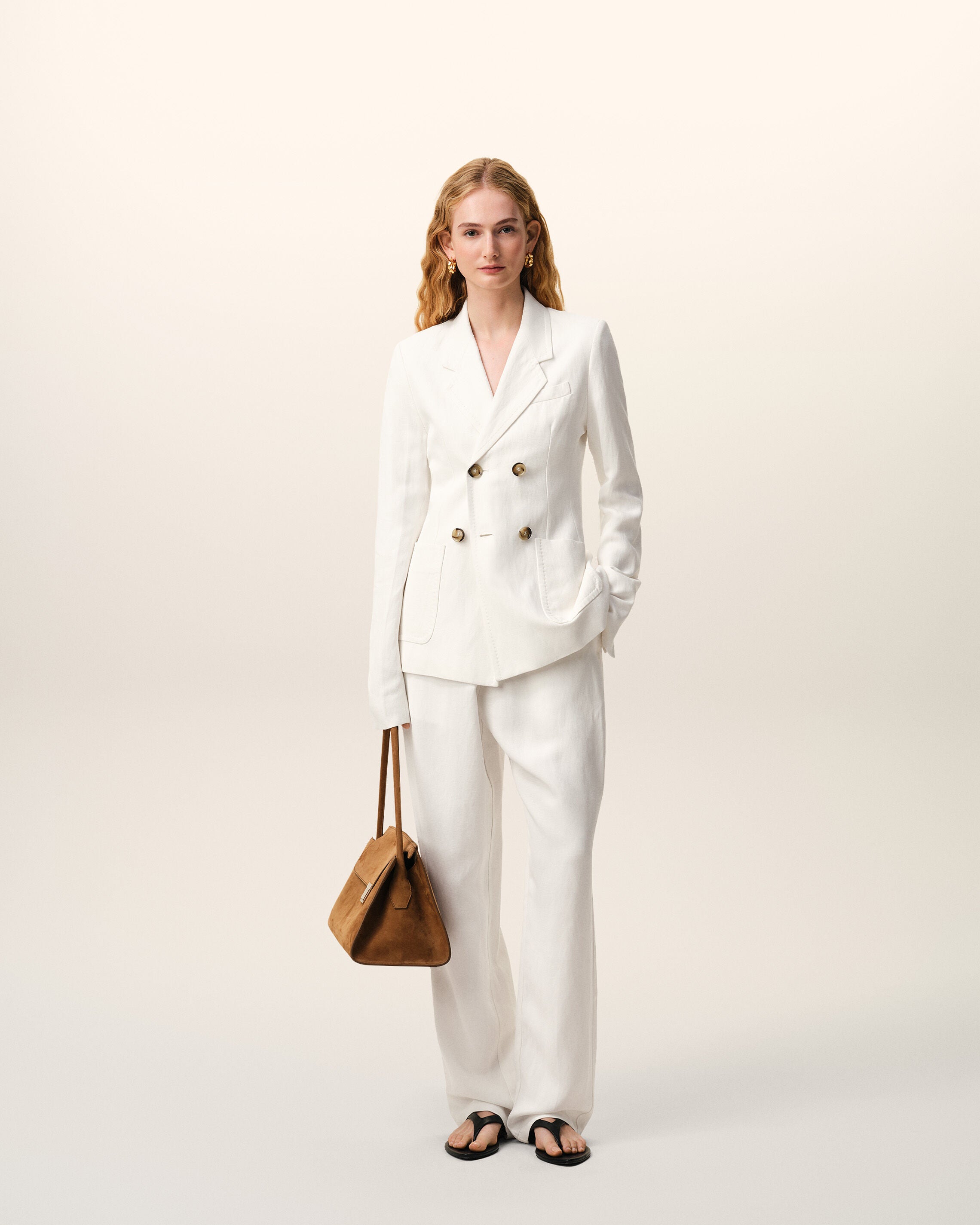 White Blended Linen Elasticated Waist Trousers - 2