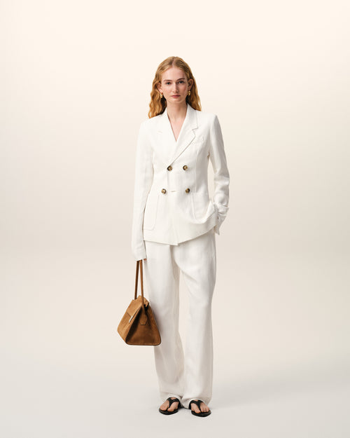 White Blended Linen Elasticated Waist Trousers - 1 - Ami Paris