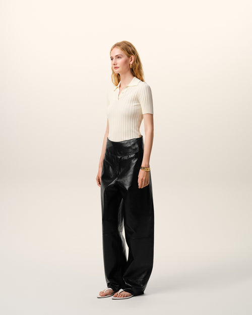 Black Lamb Leather Wrapped Belted Trousers - Woman - 6 - AMI Paris - Ami Paris
