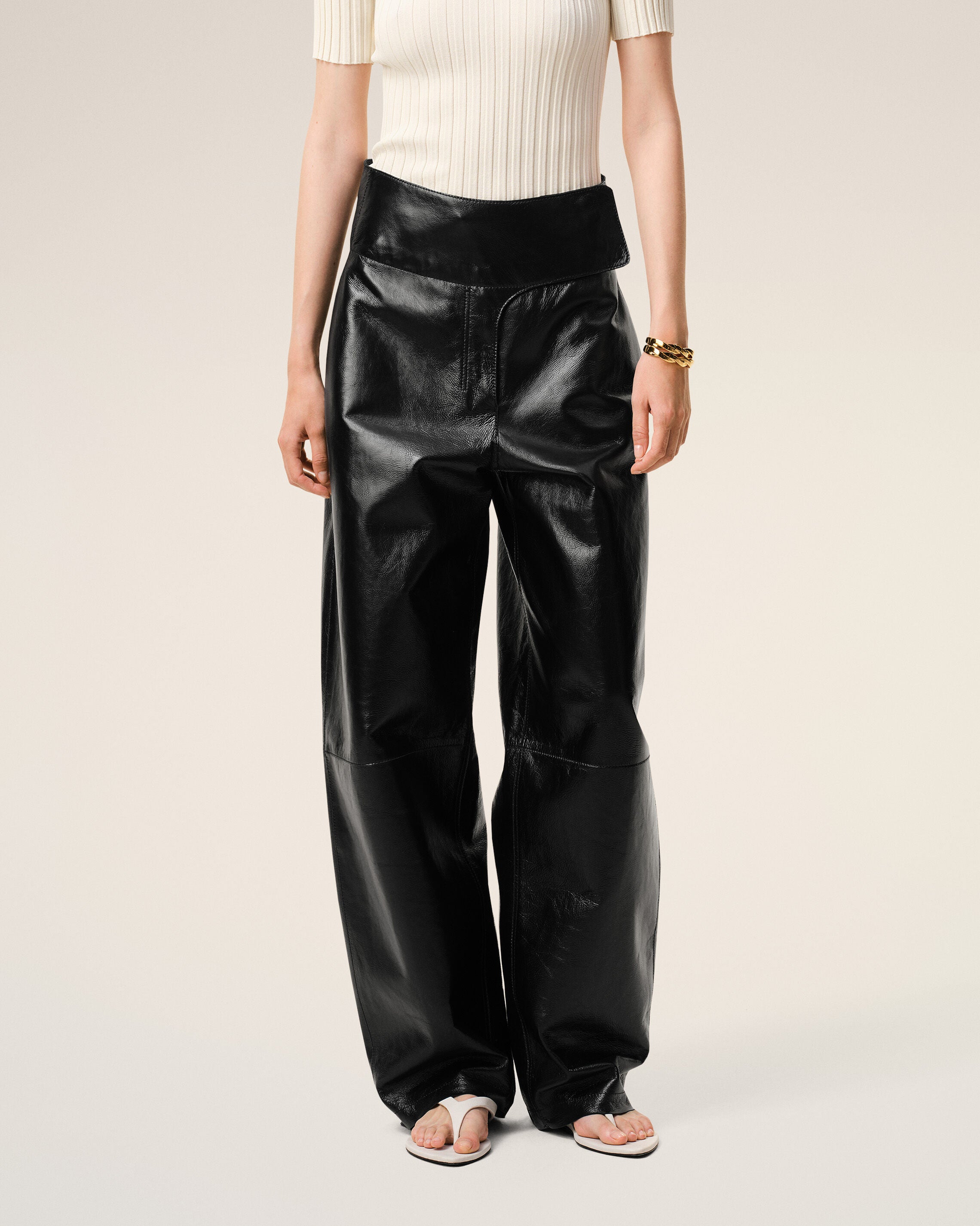 Black Lamb Leather Wrapped Belted Trousers - 3