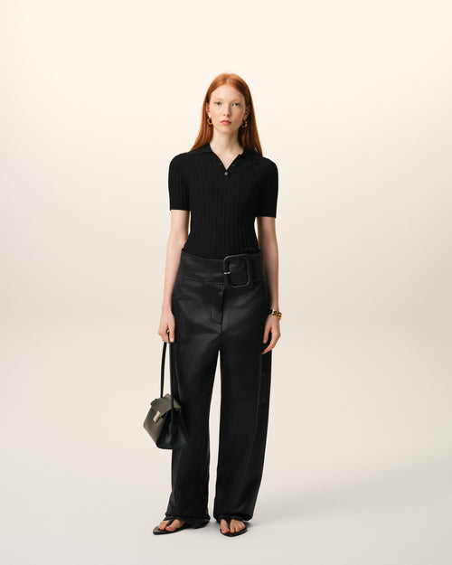 Black Satin Buckled Belt Trousers - 1 - Ami Paris