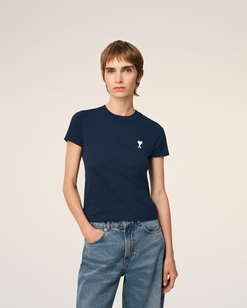 Navy Cotton Cropped T-Shirt - 3 - Ami Paris