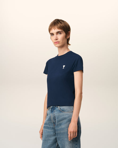 Navy Cotton Cropped T-Shirt - 6 - Ami Paris