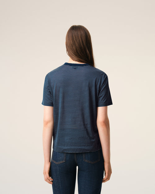 Blue Striped Cotton Ami De Coeur T-shirt - Woman - 5 - AMI Paris - Ami Paris