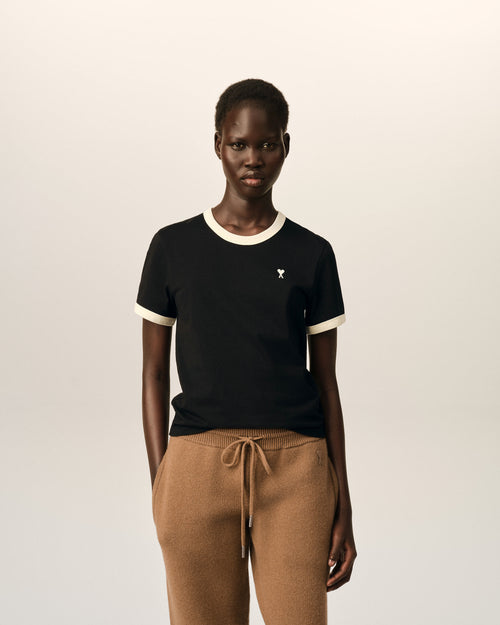Black contrasted cotton t-shirt with Ami de Coeur - Woman - 2 - AMI Paris - Ami Paris
