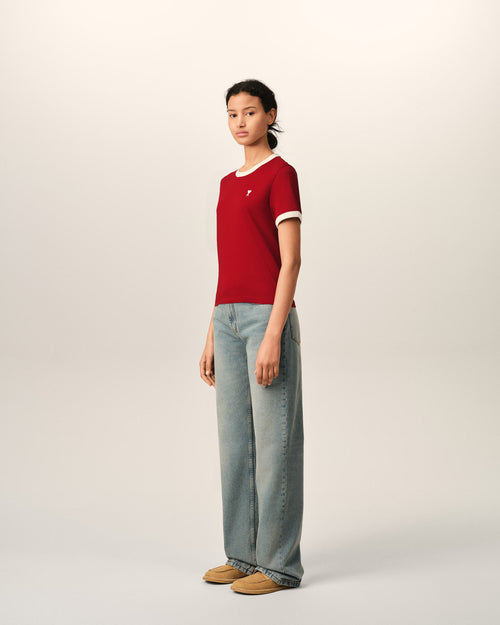 Red contrasted cotton t-shirt with Ami de Coeur - Woman - 6 - AMI Paris - Ami Paris
