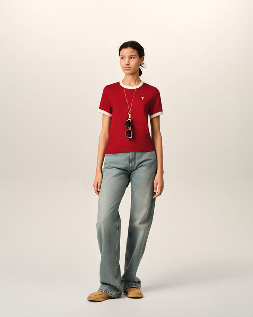 Red contrasted cotton t-shirt with Ami de Coeur - Woman - 3 - AMI Paris - Ami Paris