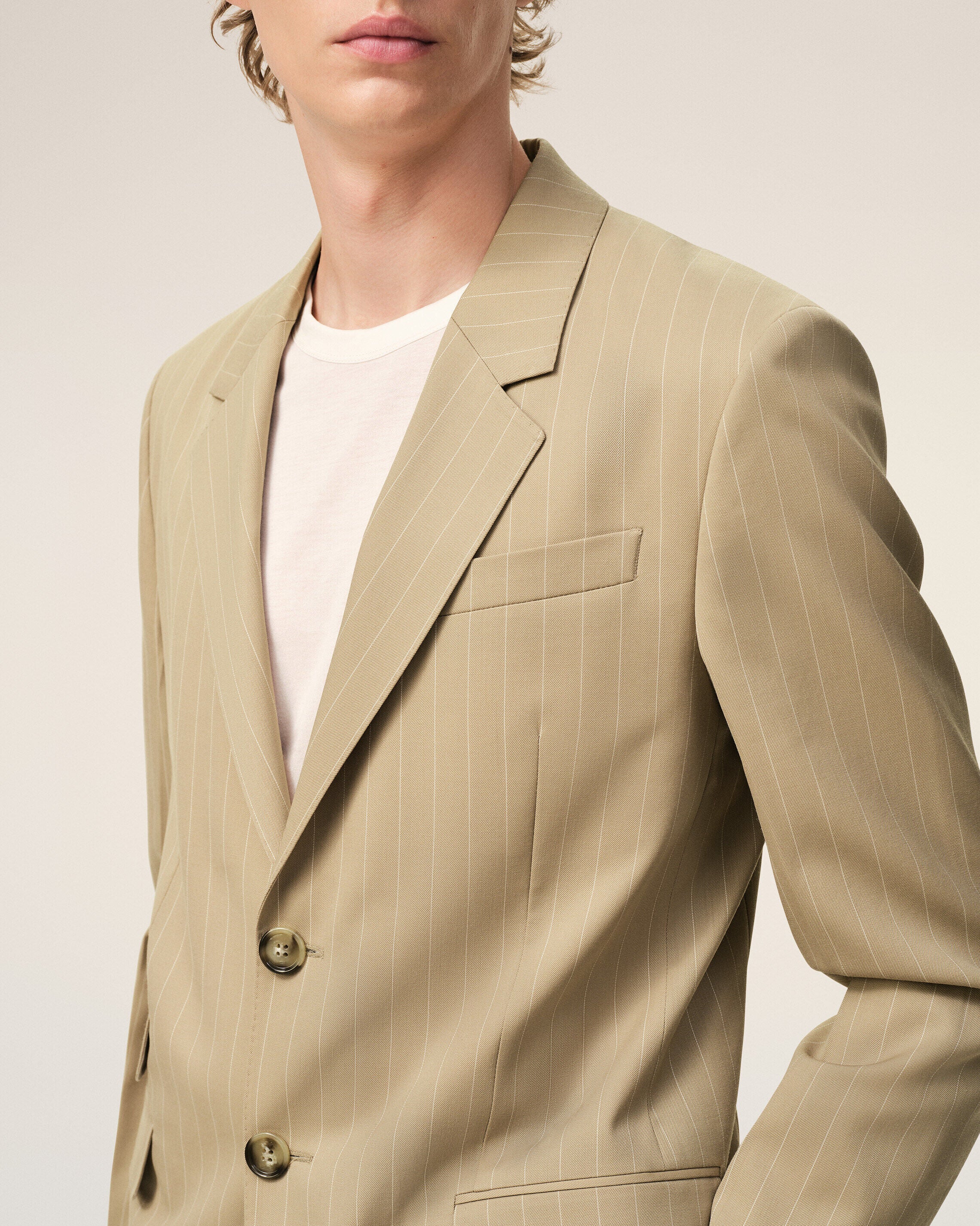 Chaqueta recta con cierre simple de lana virgen beige - 4
