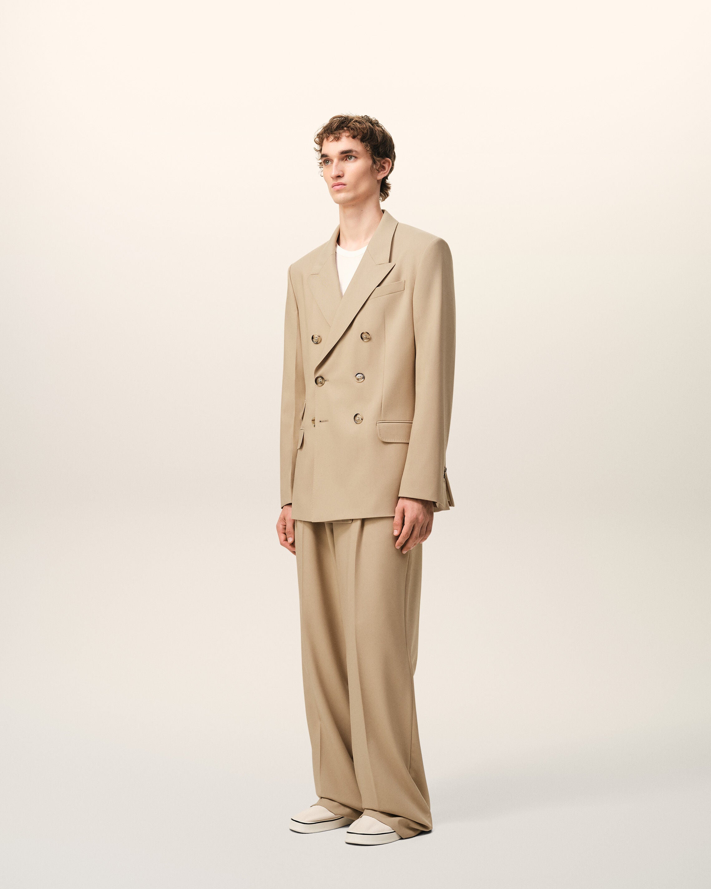 Beige New Wool Double Breasted Straight Jacket - 5