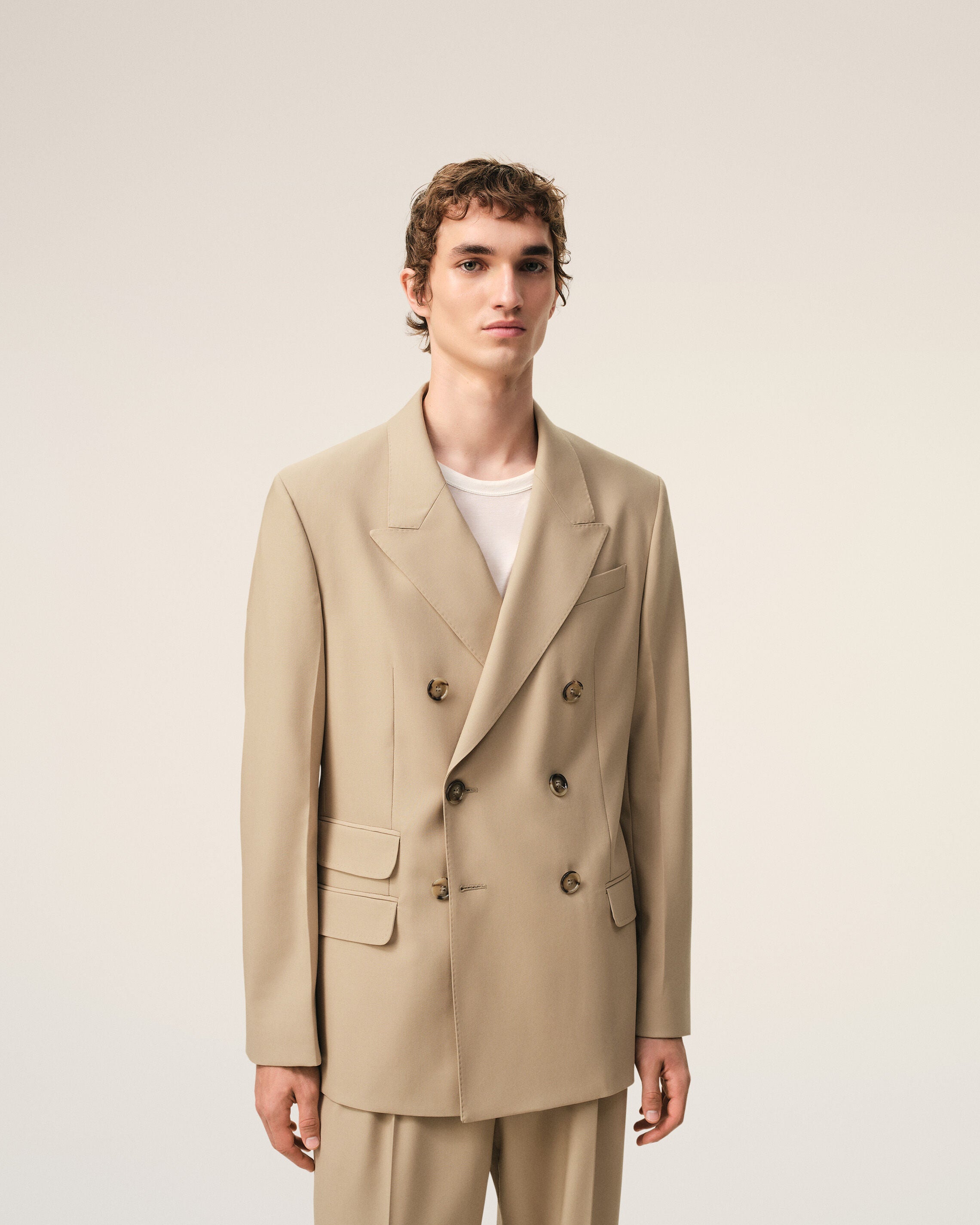 Beige New Wool Double Breasted Straight Jacket - 3