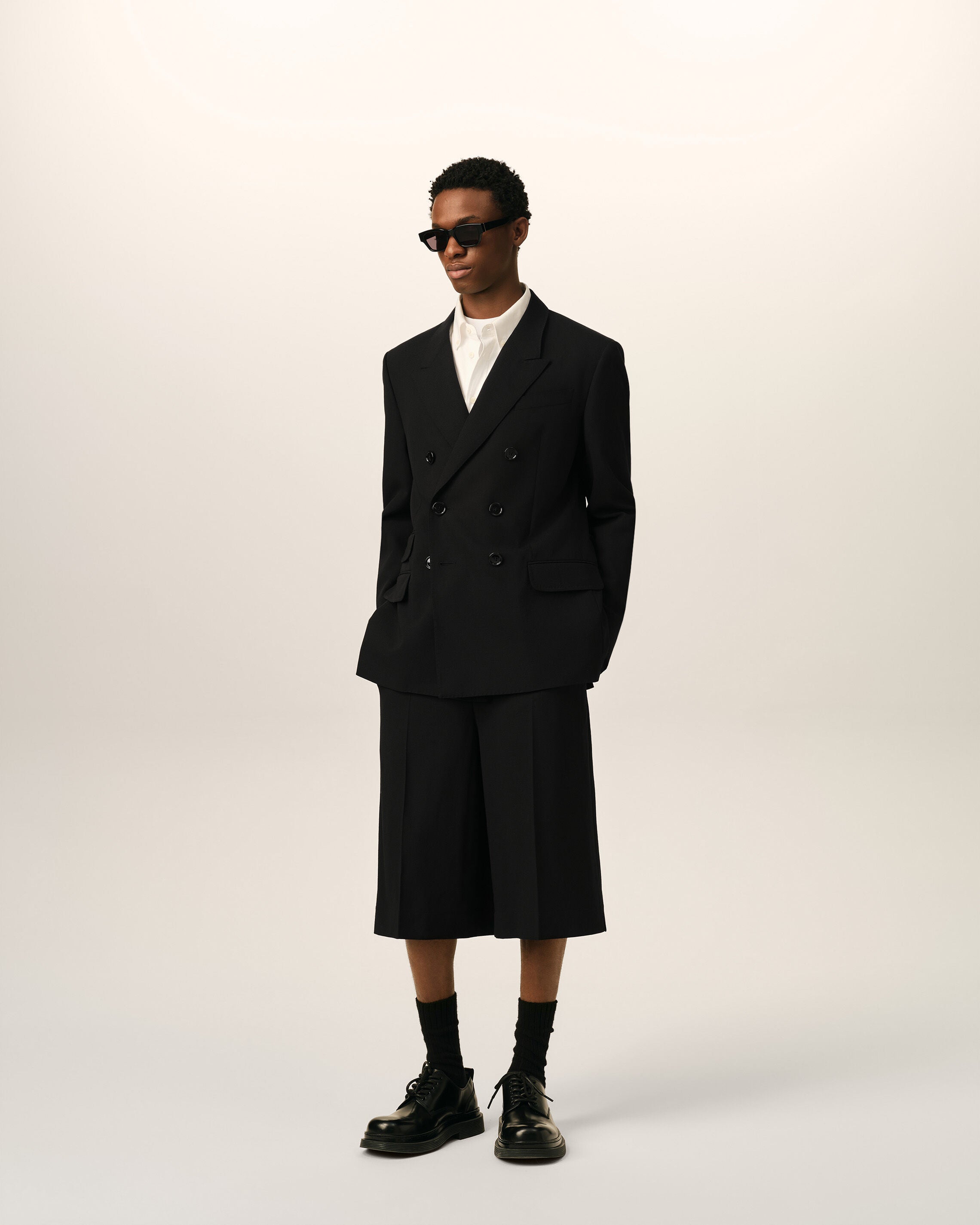 Black double breasted straight-fit wool blazer - 2