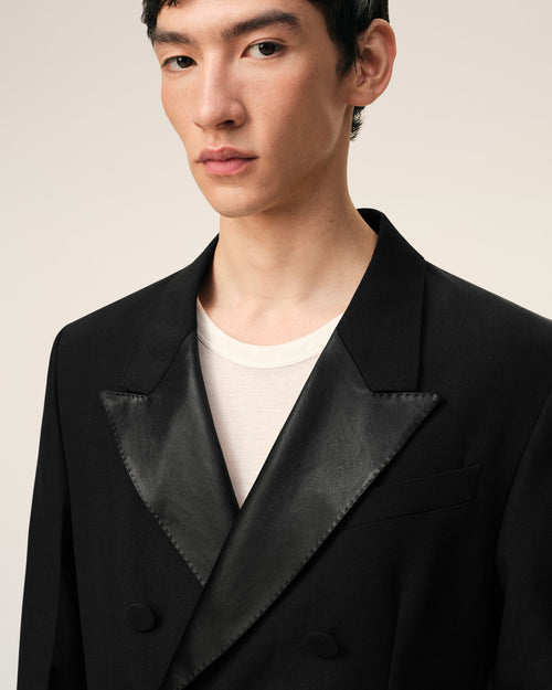 Black New Wool Double Breasted Straight Smocking Jacket - 4 - Ami Paris