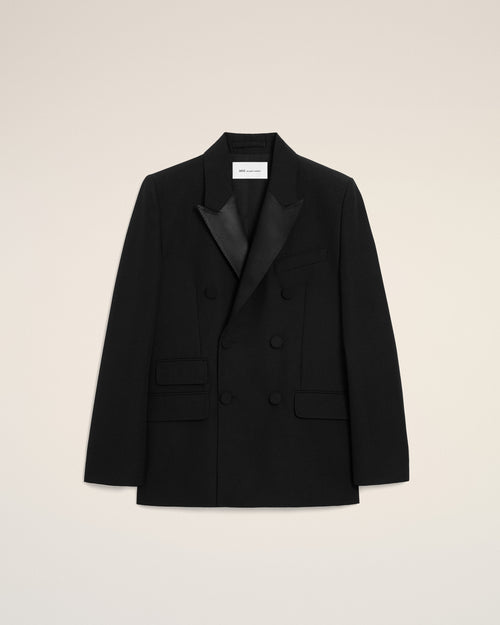 Black New Wool Double Breasted Straight Smocking Jacket - 1 - Ami Paris