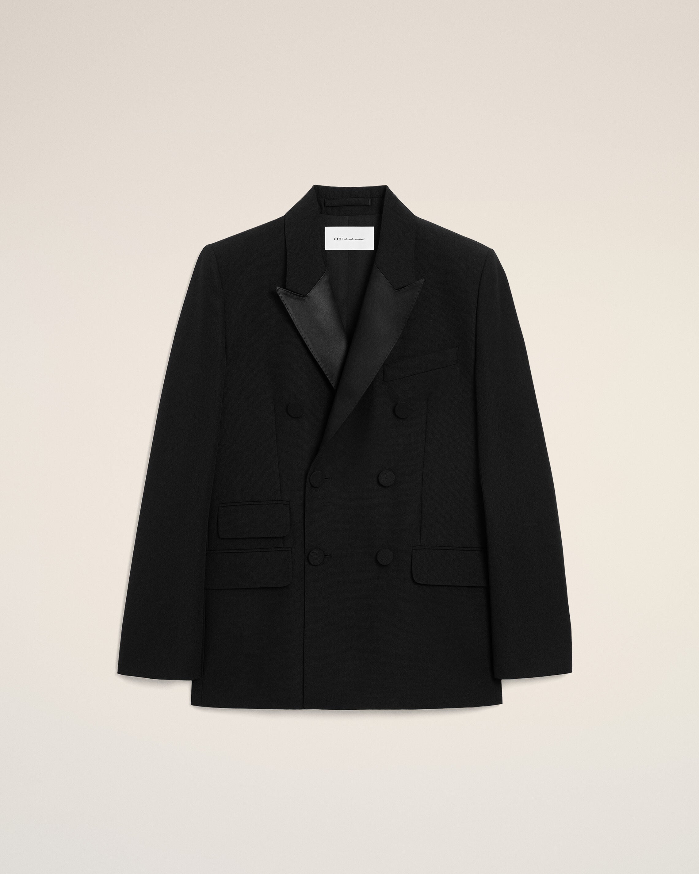 Veste Smocking Droite Double Boutonnage Noire en Laine Vierge - 1