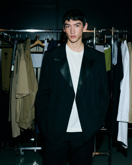 Black New Wool Double Breasted Straight Smocking Jacket - 7 - Ami Paris