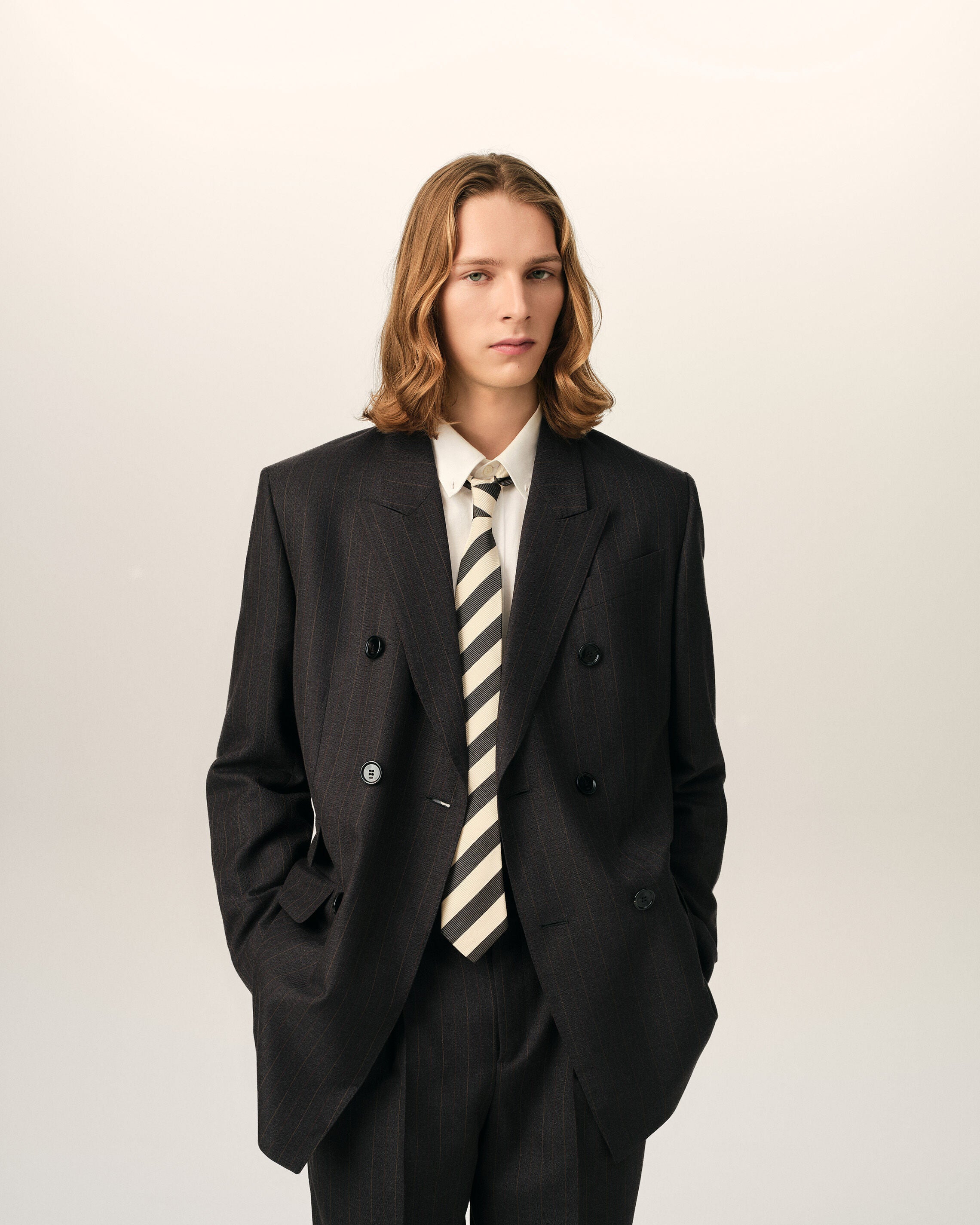Grey double breasted striped wool blazer - 3