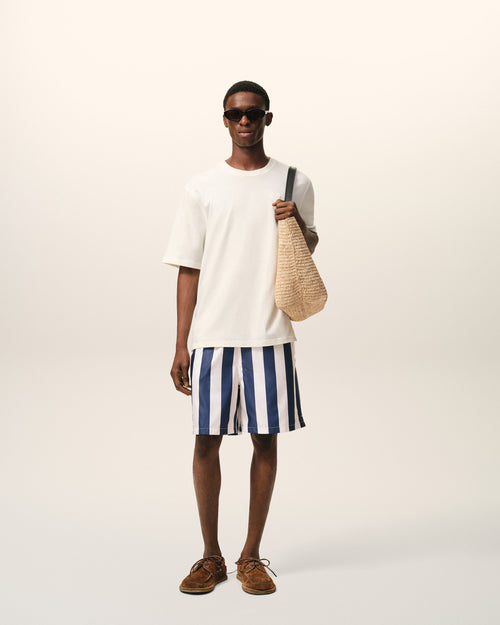 White And Navy Long Stripes Swimsuit - 2 - Ami Paris