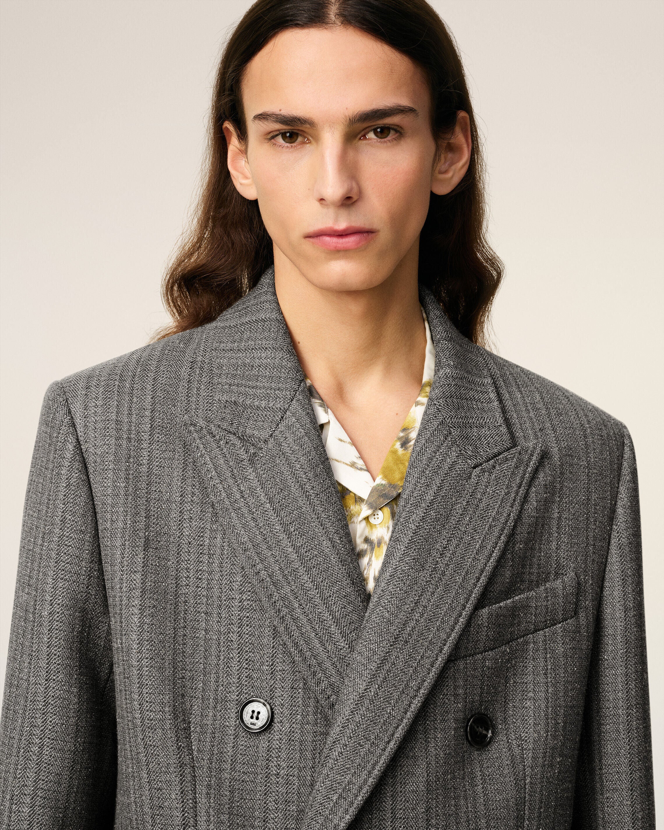 グレー ウール ヘリンボーン ダブルブレスト コート グレー/アイボリー