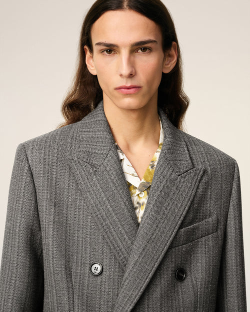 Grey Wool Herringbone Double Breasted Coat - 4 - Ami Paris