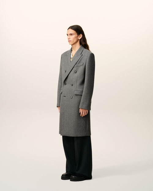 Grey Wool Herringbone Double Breasted Coat - 6 - Ami Paris