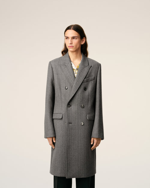 Grey Wool Herringbone Double Breasted Coat - 3 - Ami Paris