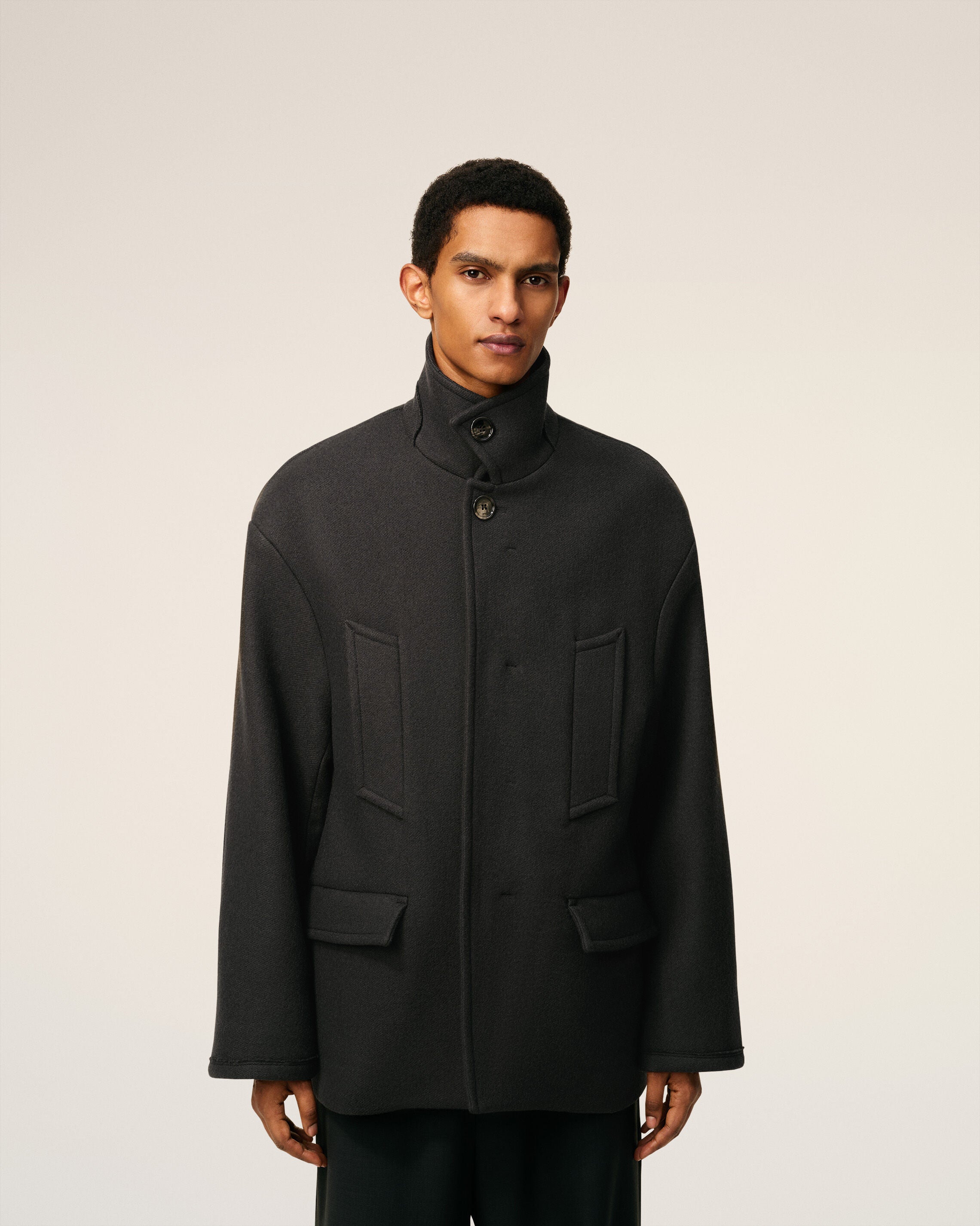 ANTHRACITE Black Wool Oversized High Collar Pea Coat | AMI PARIS