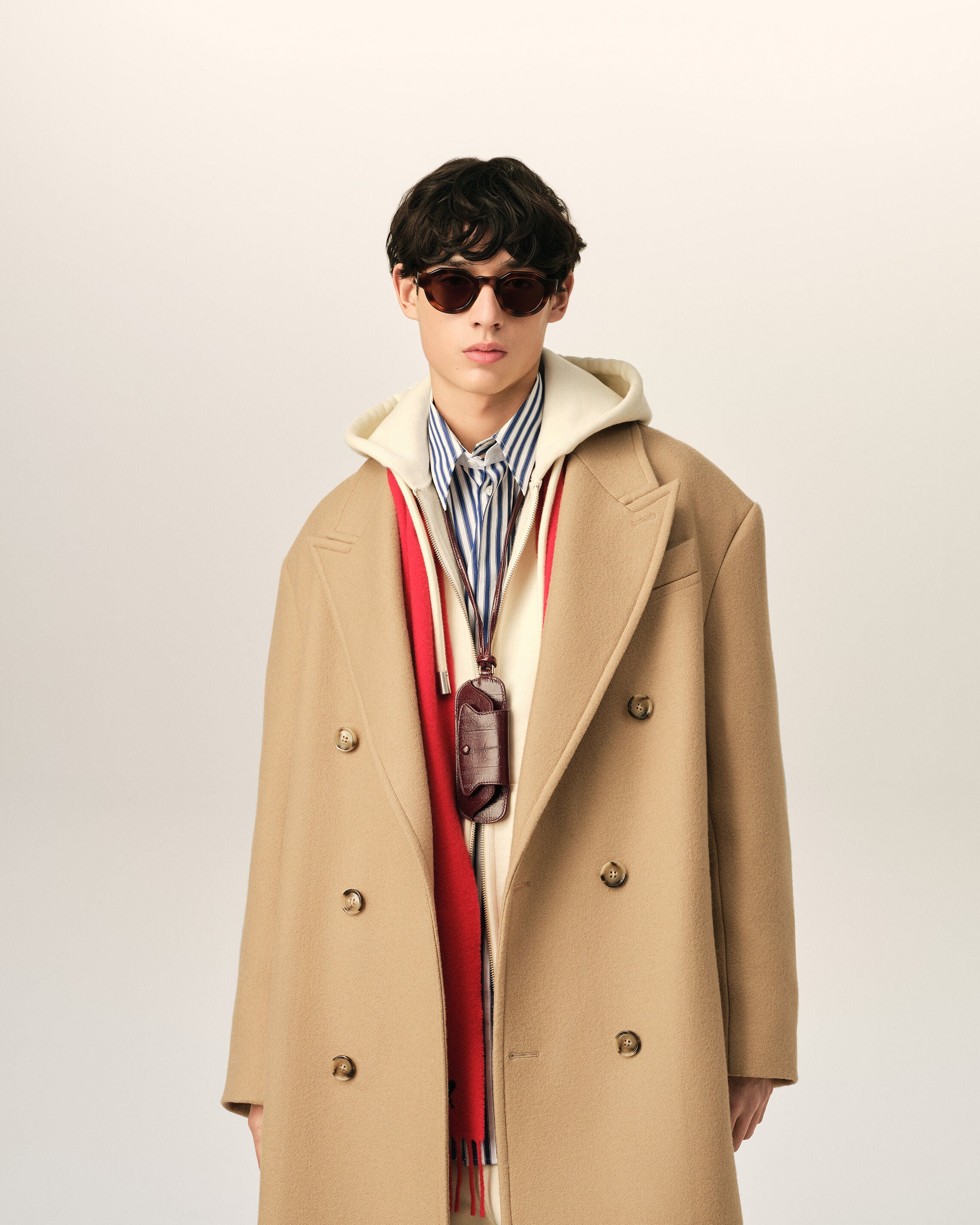 ベージュ ウール ダブルブレスト ロングコート ベージュマスチック