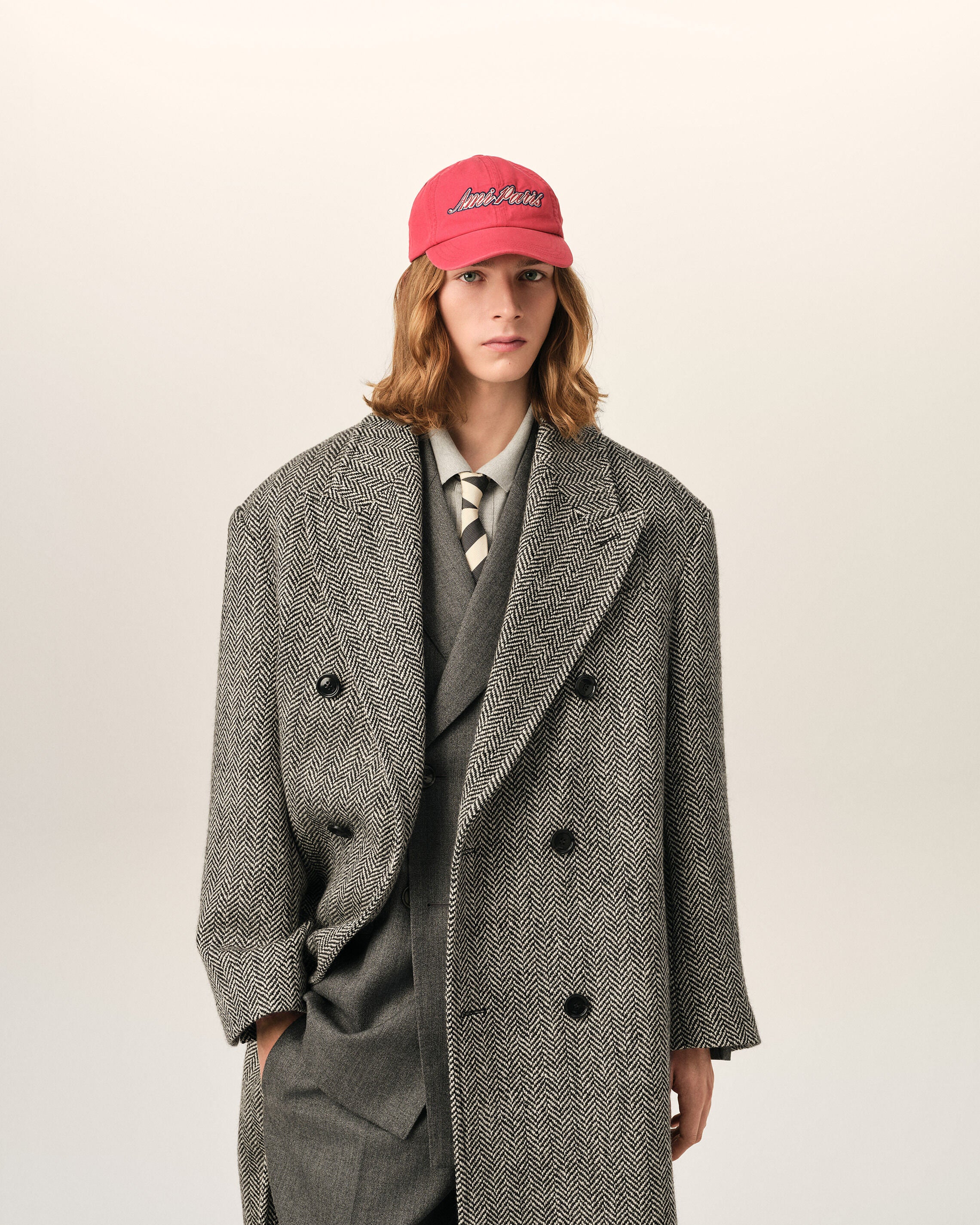 Long black double breasted wool herringbone coat - 3