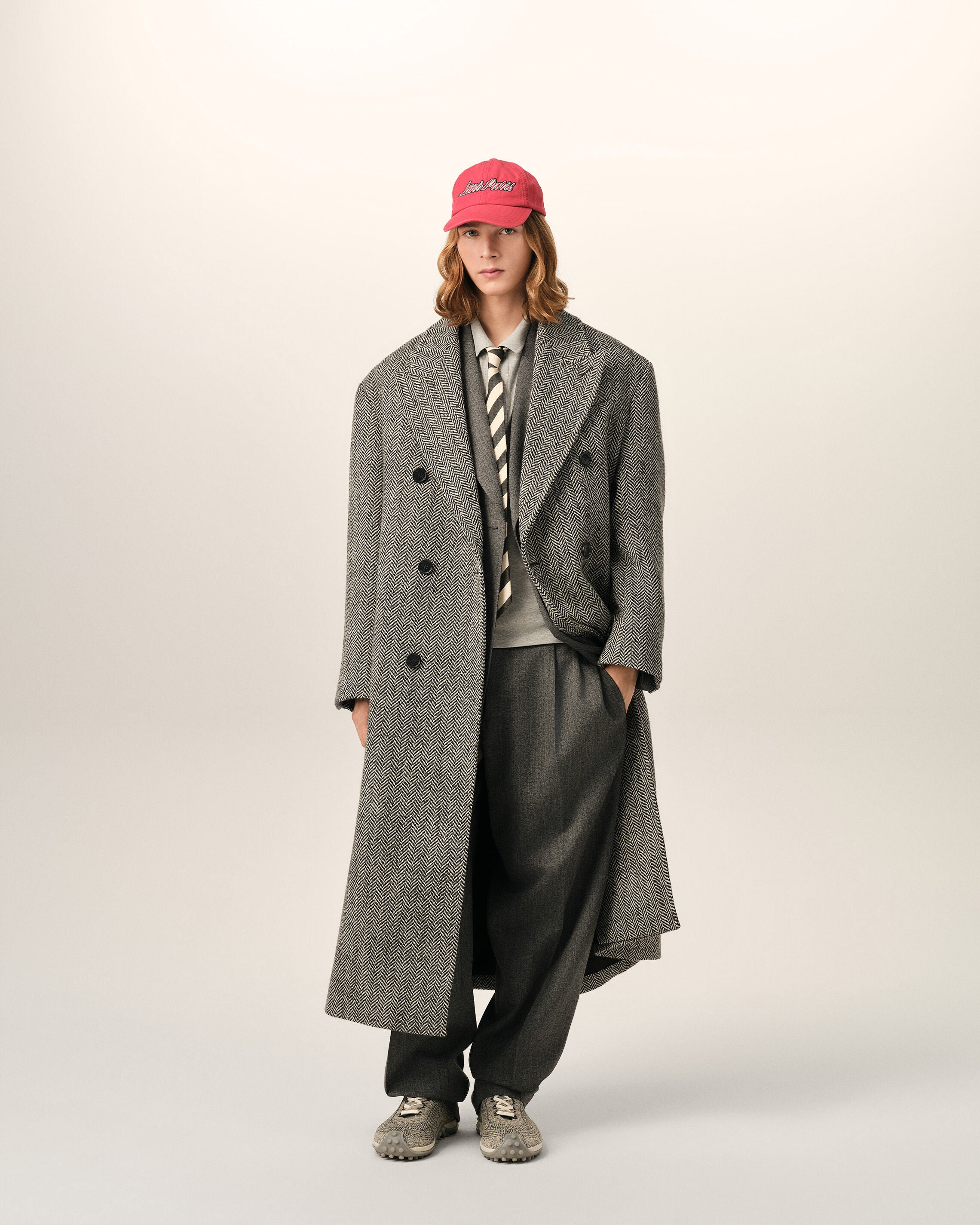 Long black double breasted wool herringbone coat - 2
