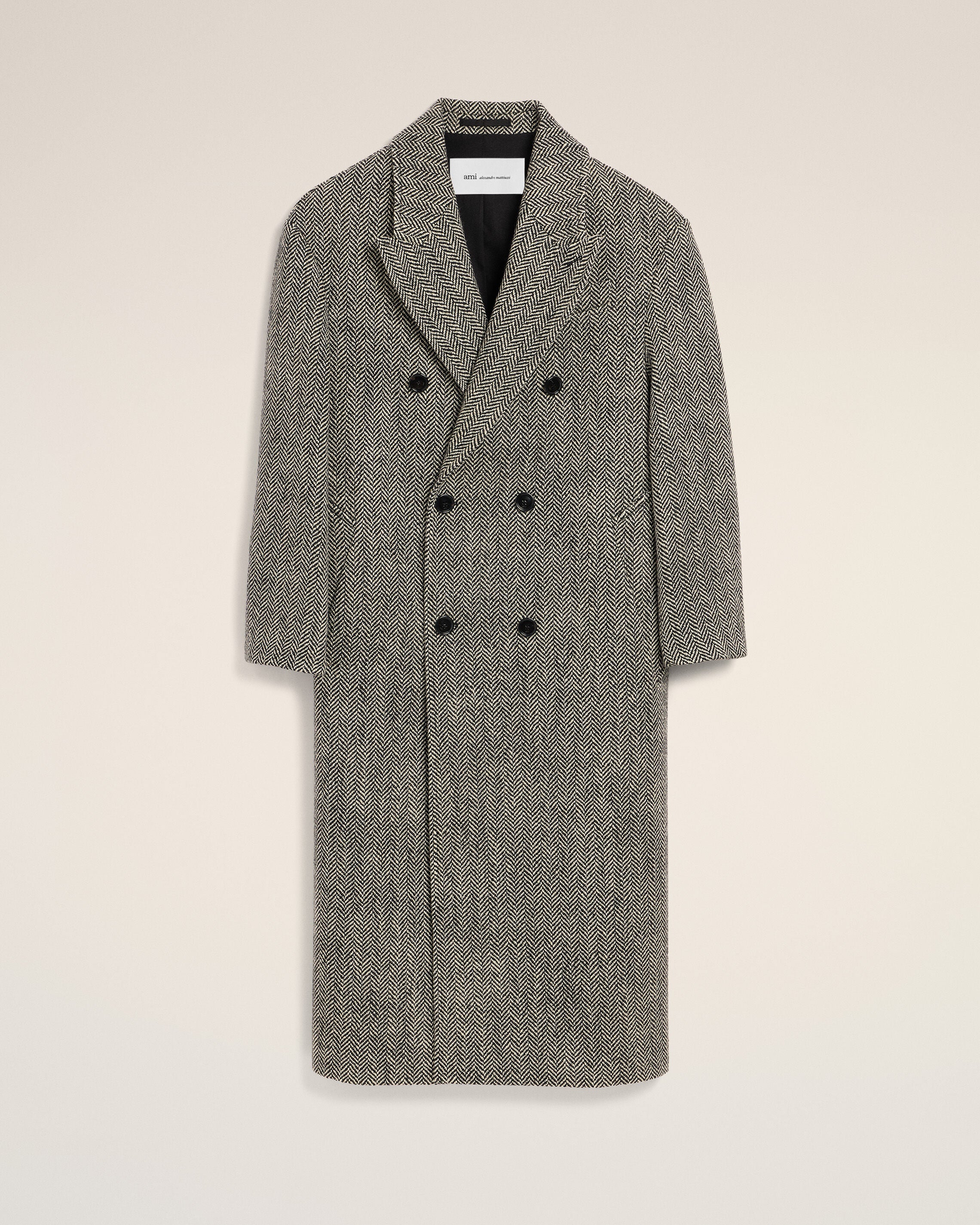 Long black double breasted wool herringbone coat - 1