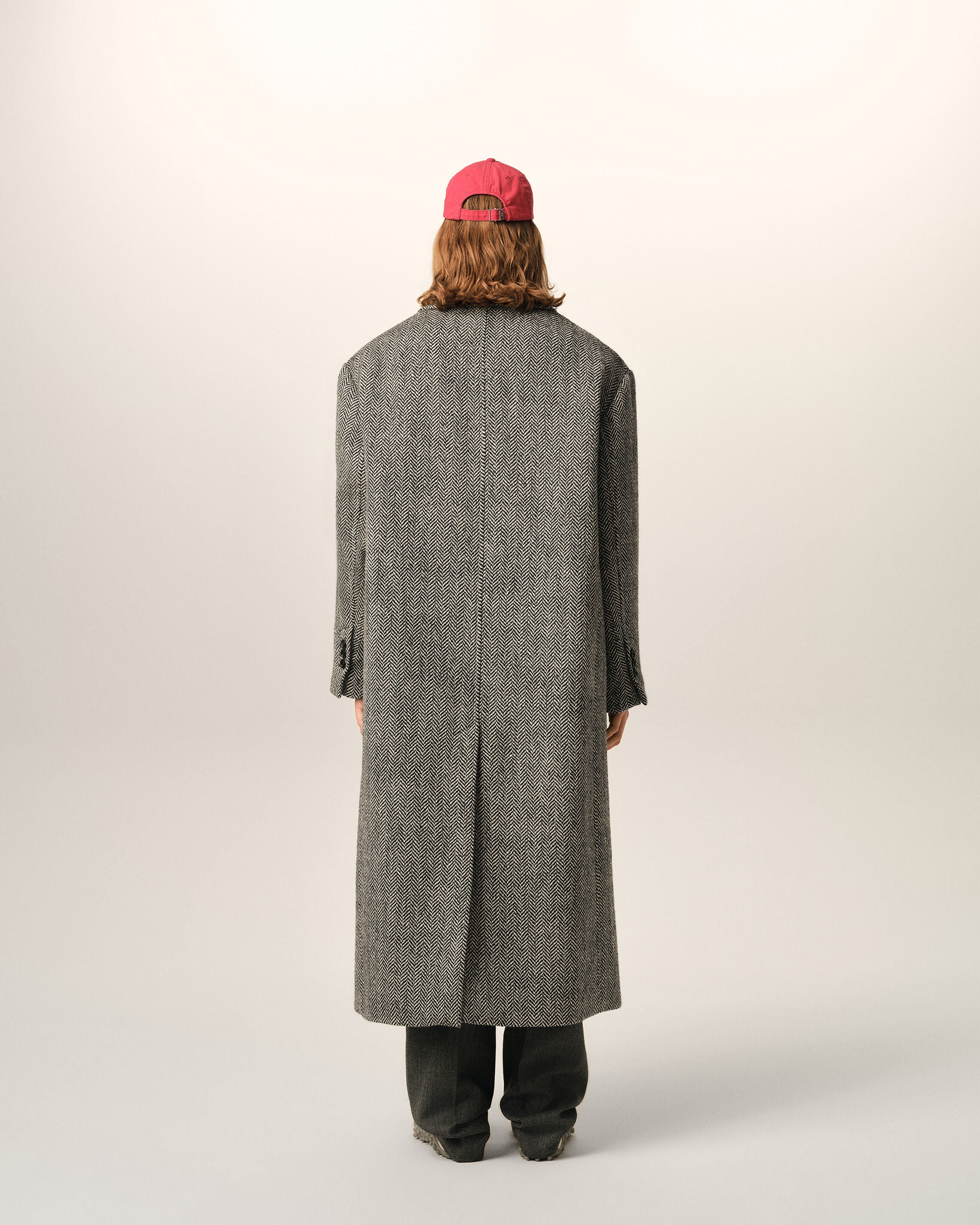 Long black double breasted wool herringbone coat - 5